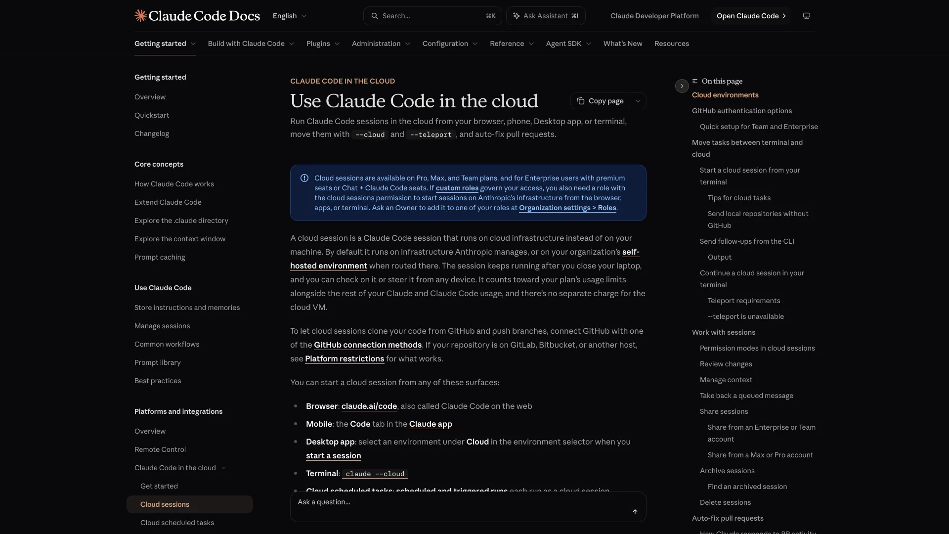 Claude Code docs page titled Use Claude Code in the cloud, listing the plans that include cloud sessions