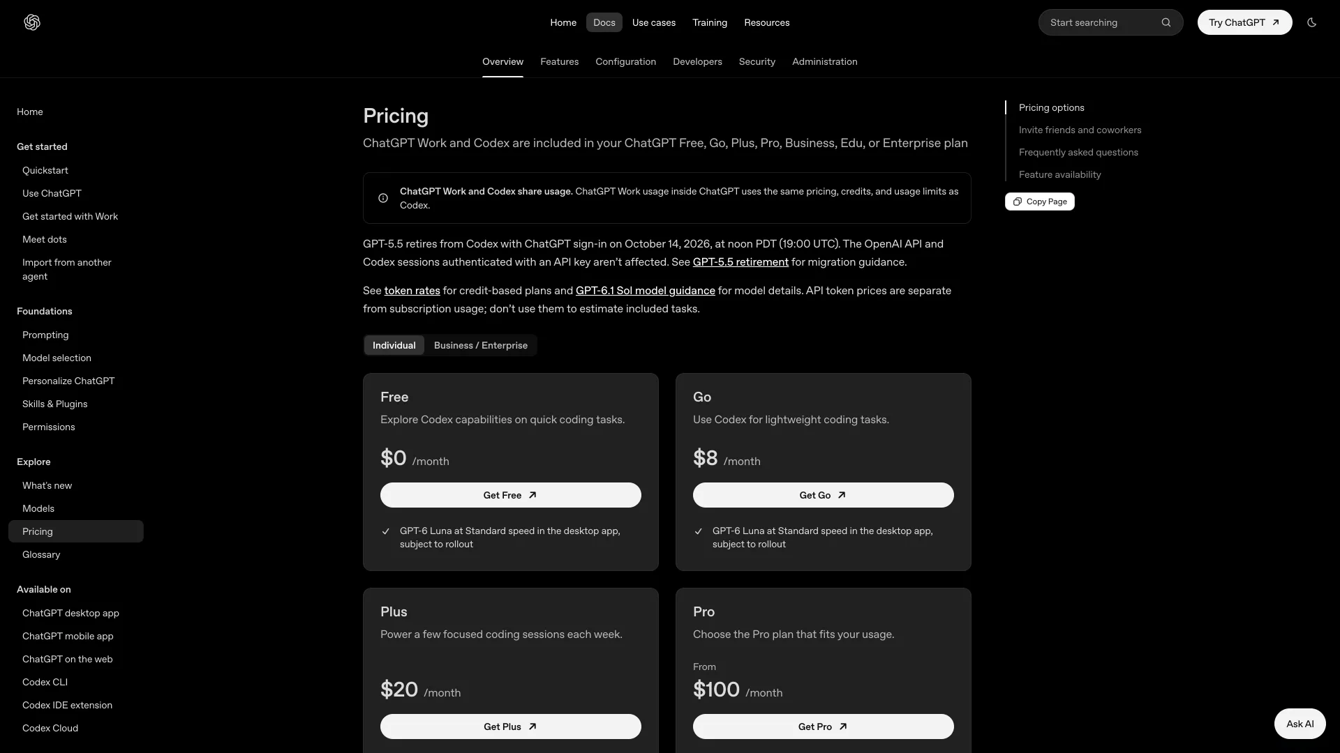 OpenAI Codex pricing page listing the ChatGPT plans that include Codex, with Free at $0, Go at $8, Plus at $20 and Pro from $100
