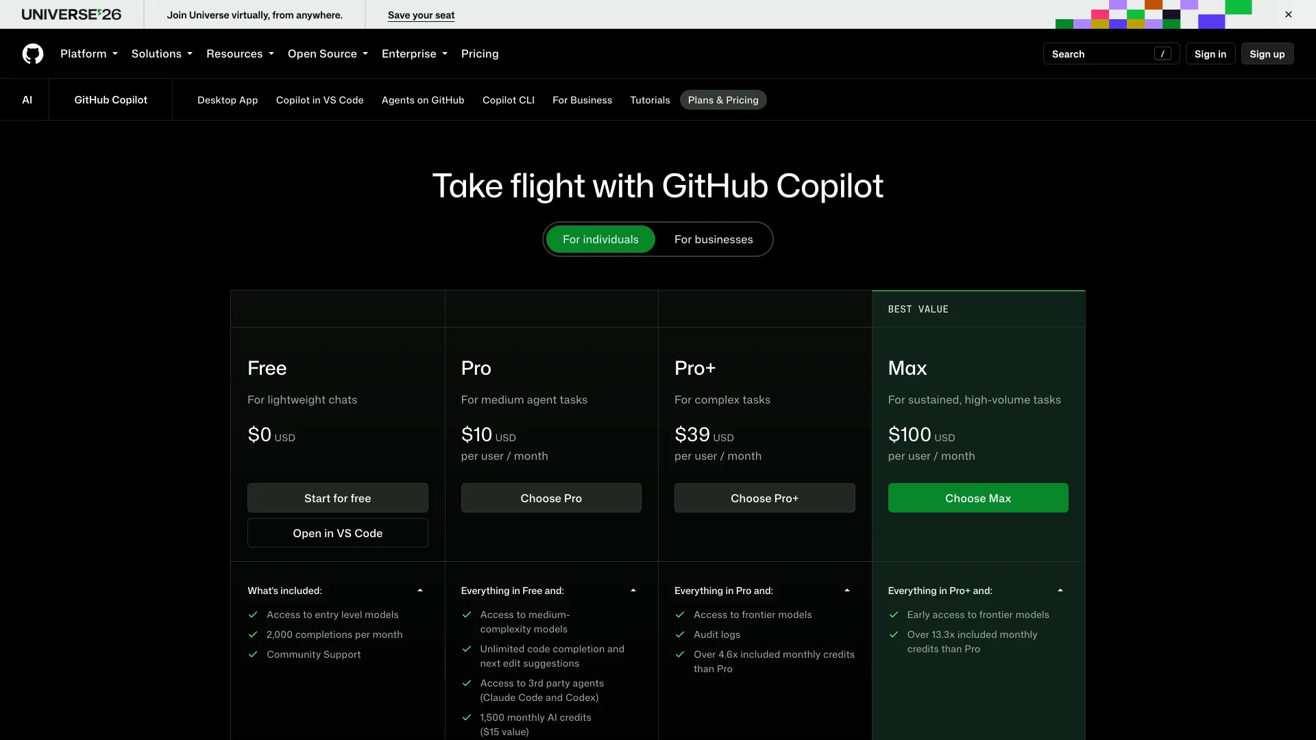 GitHub Copilot plans page with Free, Pro at $10, Pro+ at $39 and Max at $100 per month