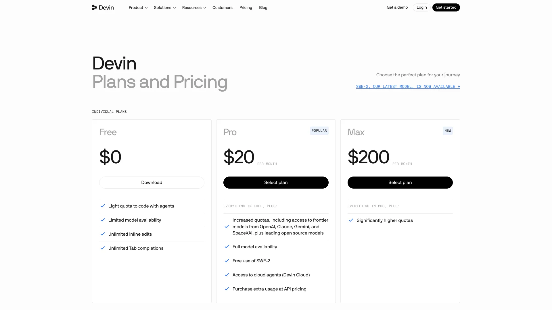 Devin pricing page with Free at $0, Pro at $20 including cloud agents (Devin Cloud), and Max at $200