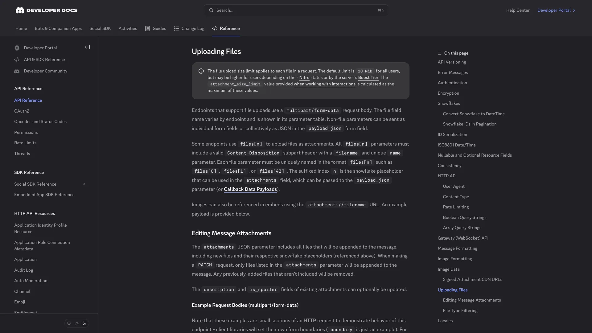 Discord developer docs Uploading Files section stating the default file upload limit is 20 MiB for all users