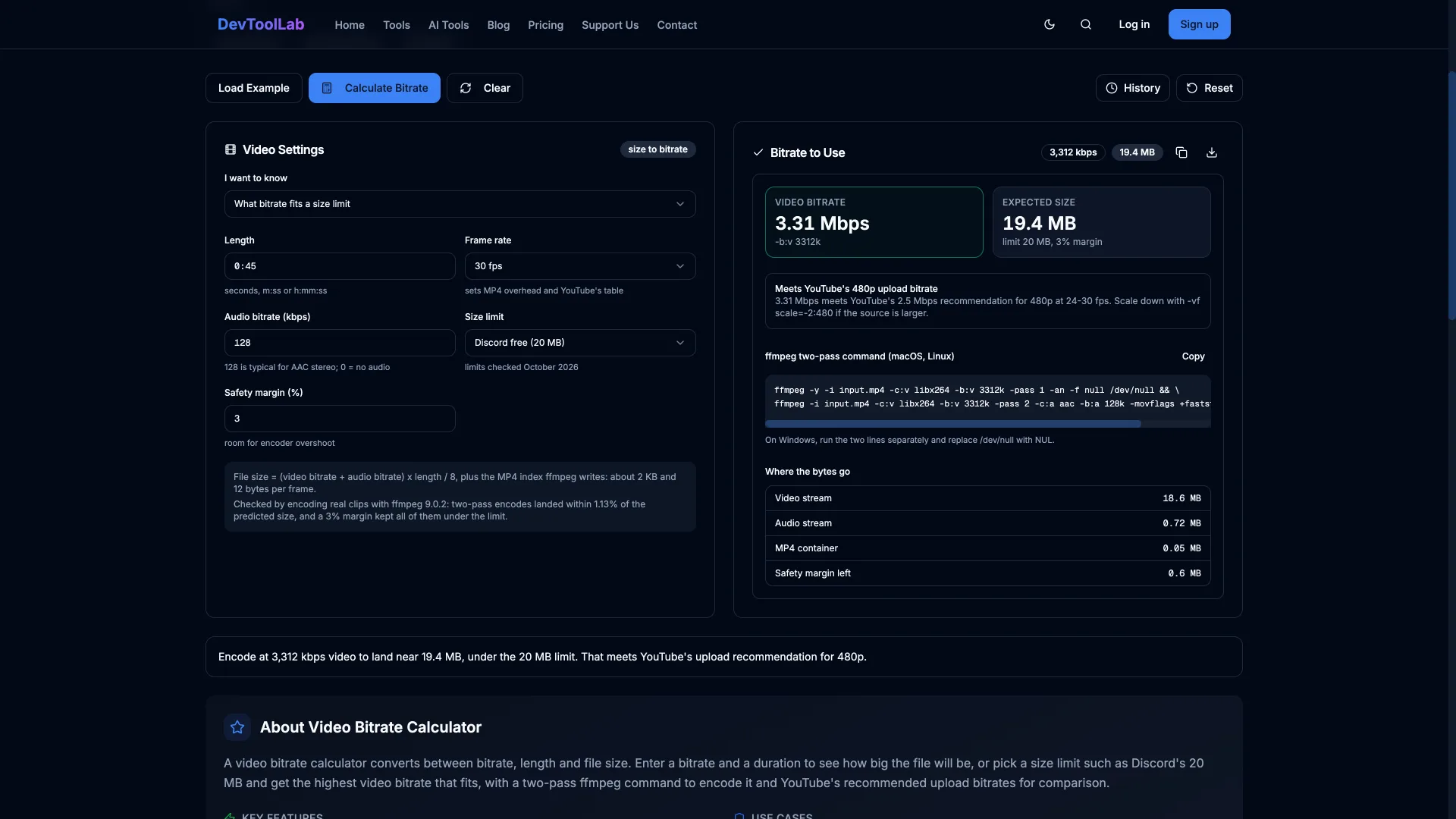DevToolLab Video Bitrate Calculator showing 3.31 Mbps video bitrate and a 19.4 MB expected size for a 45-second clip under Discord's 20 MB limit