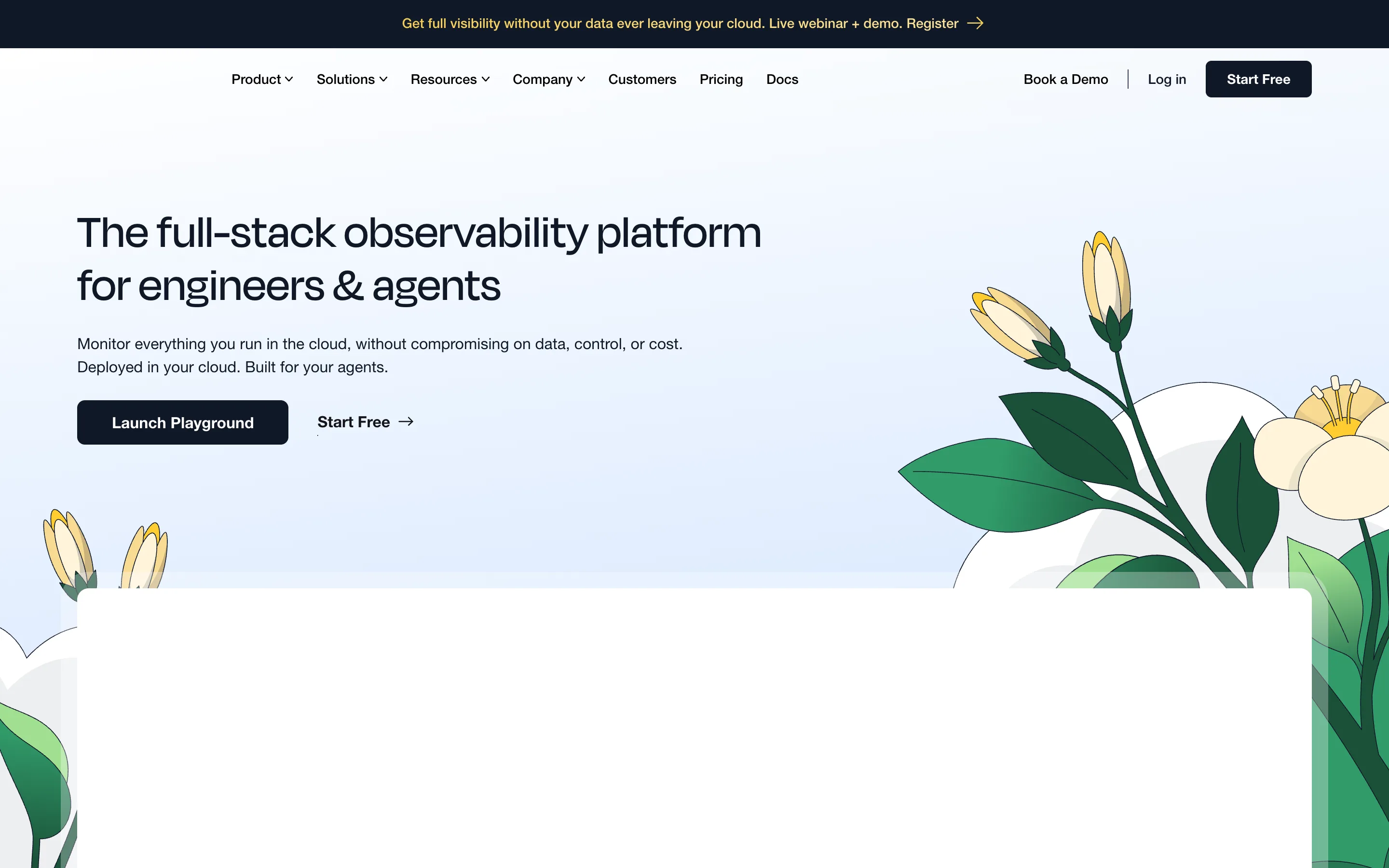 groundcover homepage headlined "The full-stack observability platform for engineers and agents" with a banner reading "Get full visibility without your data ever leaving your cloud"
