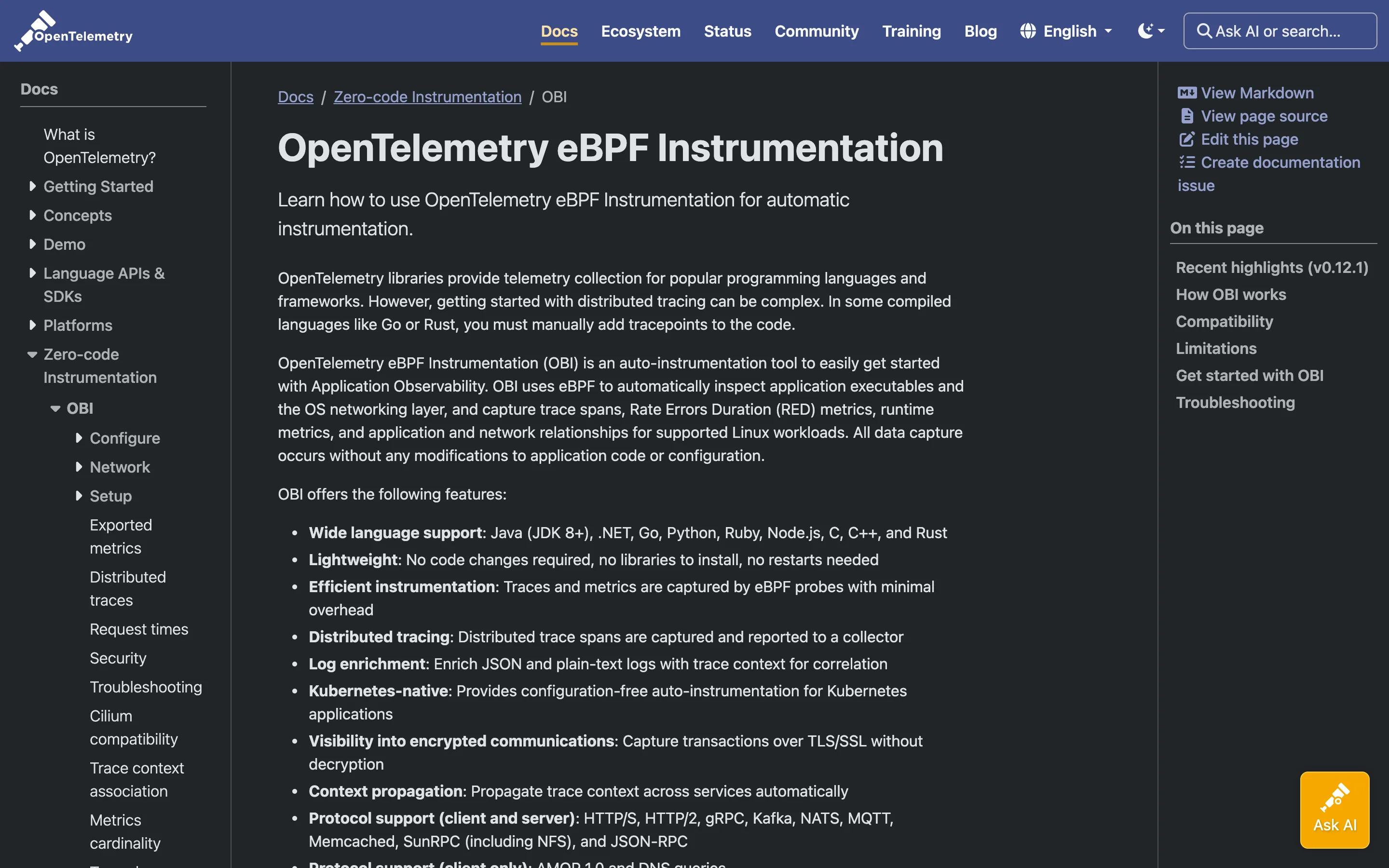 OpenTelemetry eBPF Instrumentation documentation page listing wide language support for Java, .NET, Go, Python, Ruby, Node.js, C, C++ and Rust, and protocol support including HTTP, gRPC, Kafka and NATS