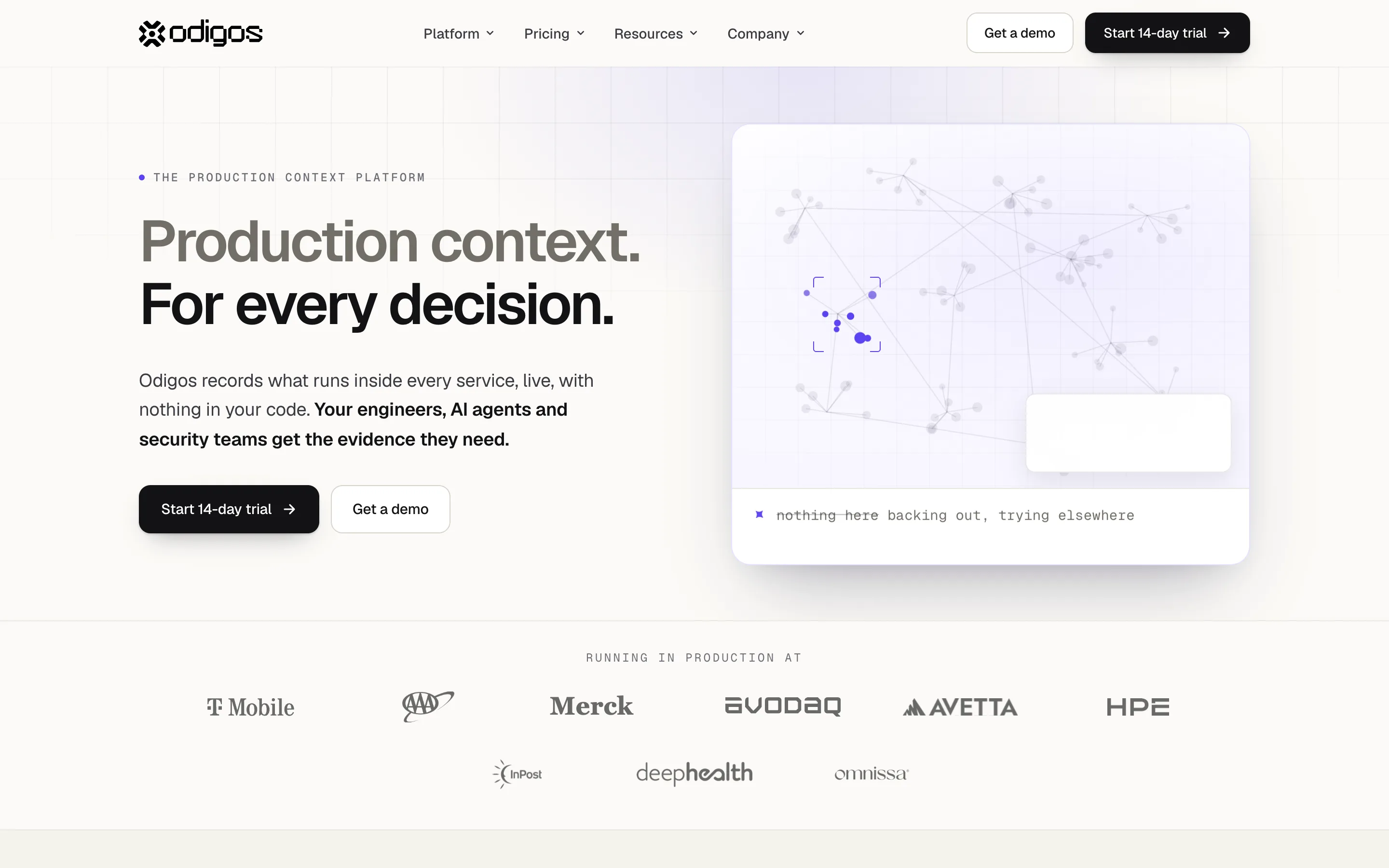 Odigos homepage headlined "Production context. For every decision." with a service topology graph and a row of production customer logos including T-Mobile, Merck and HPE