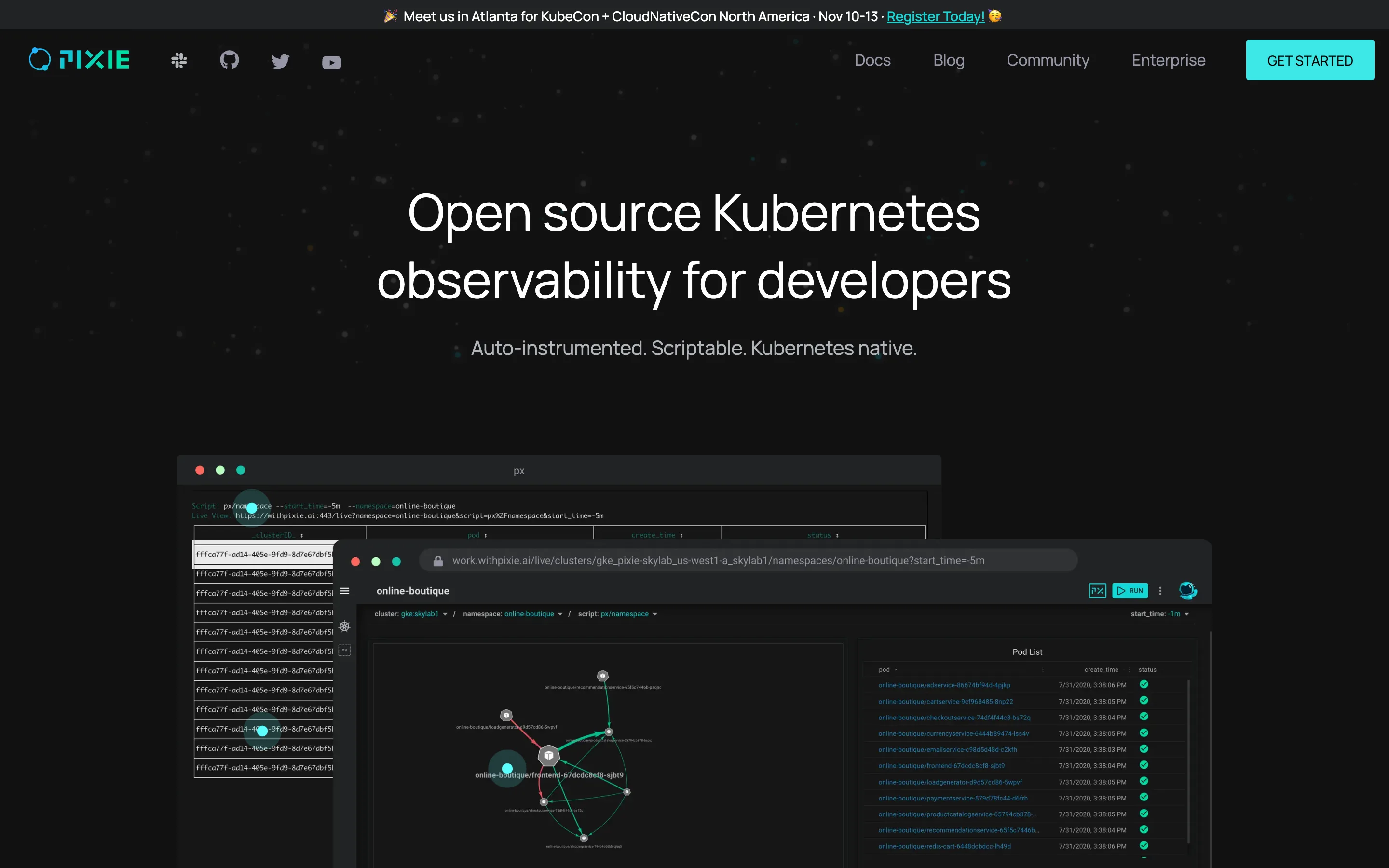 Pixie homepage headlined "Open source Kubernetes observability for developers" with the tagline "Auto-instrumented. Scriptable. Kubernetes native." above the px CLI and a live service graph