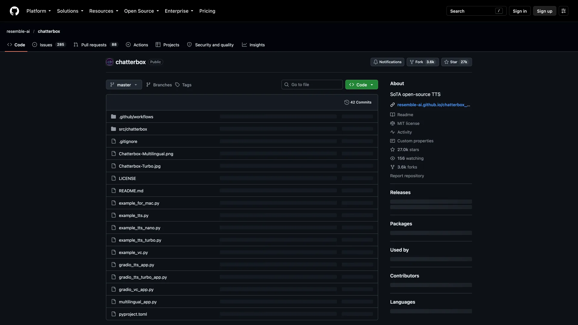 Chatterbox GitHub repository showing the MIT license, 27.0k stars and 3.6k forks