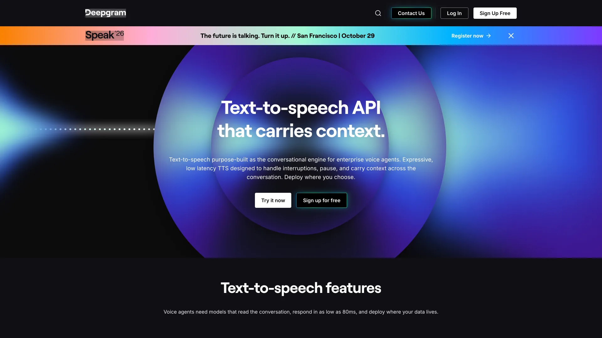 Deepgram text-to-speech page headlined "Text-to-speech API that carries context" with Try it now and Sign up for free buttons