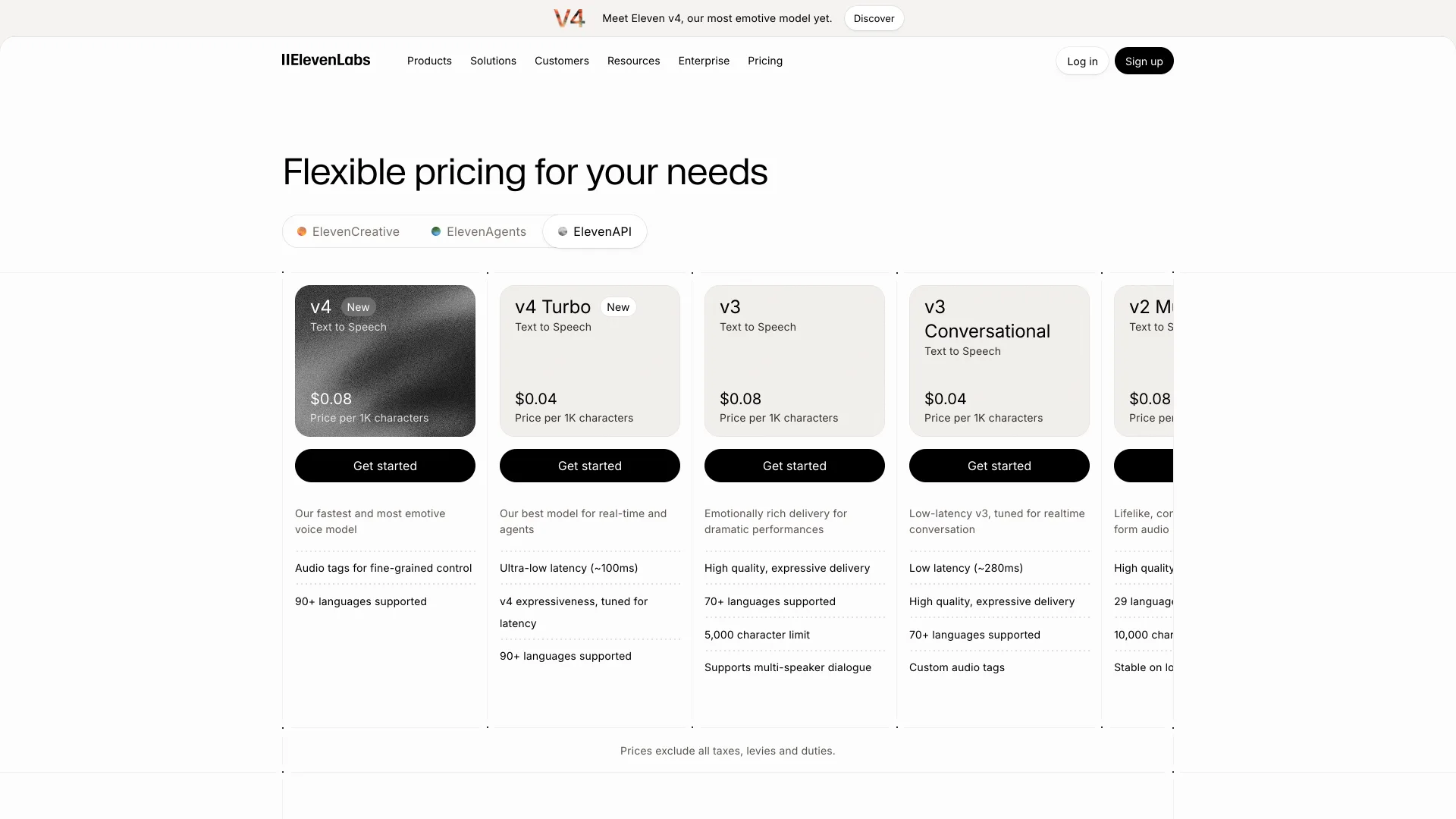 ElevenLabs ElevenAPI pricing page with v4 at $0.08 and v4 Turbo at $0.04 per 1K characters, beside v3, v3 Conversational and v2 Multilingual cards