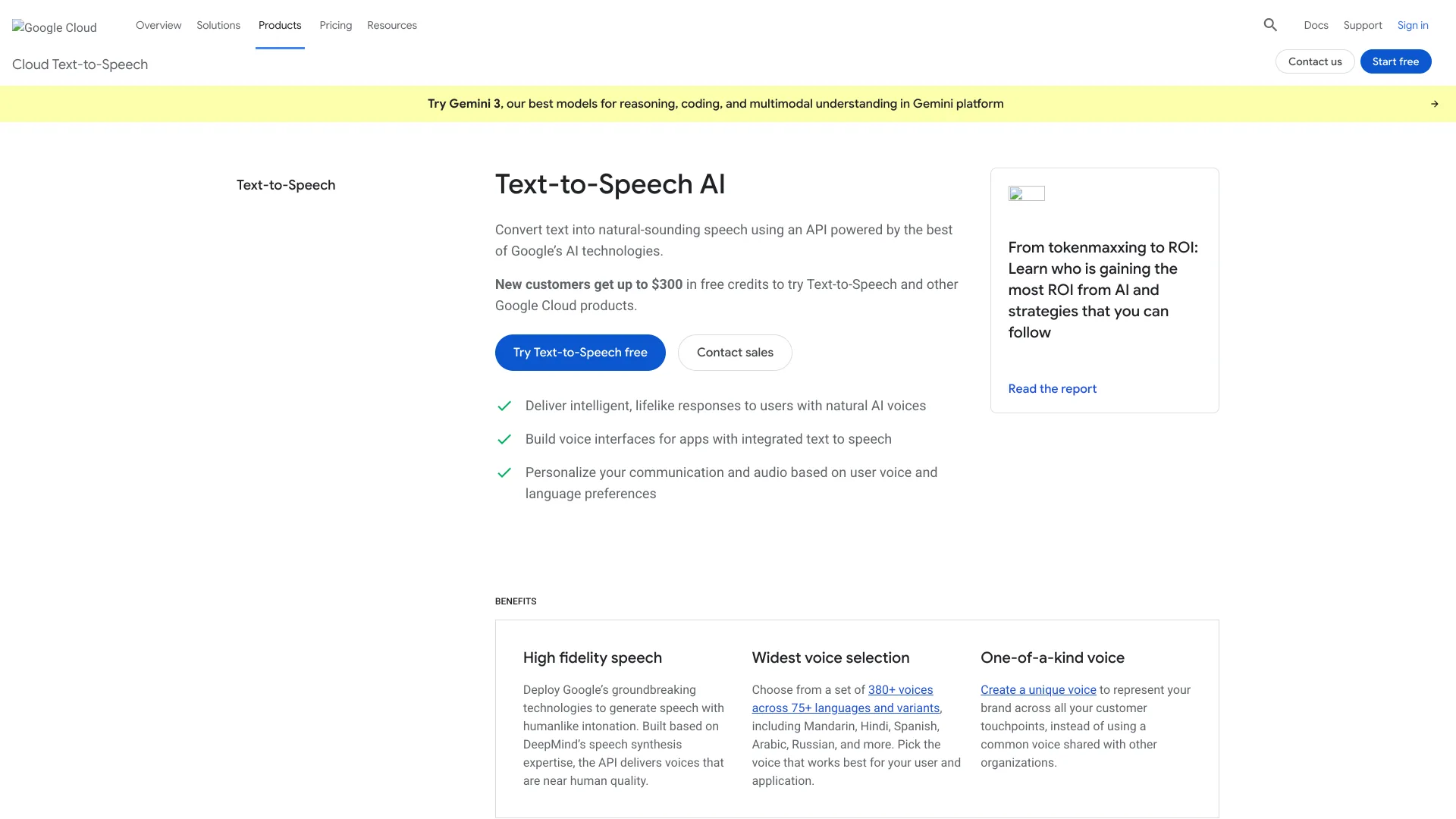 Google Cloud Text-to-Speech AI product page offering new customers up to $300 in free credits