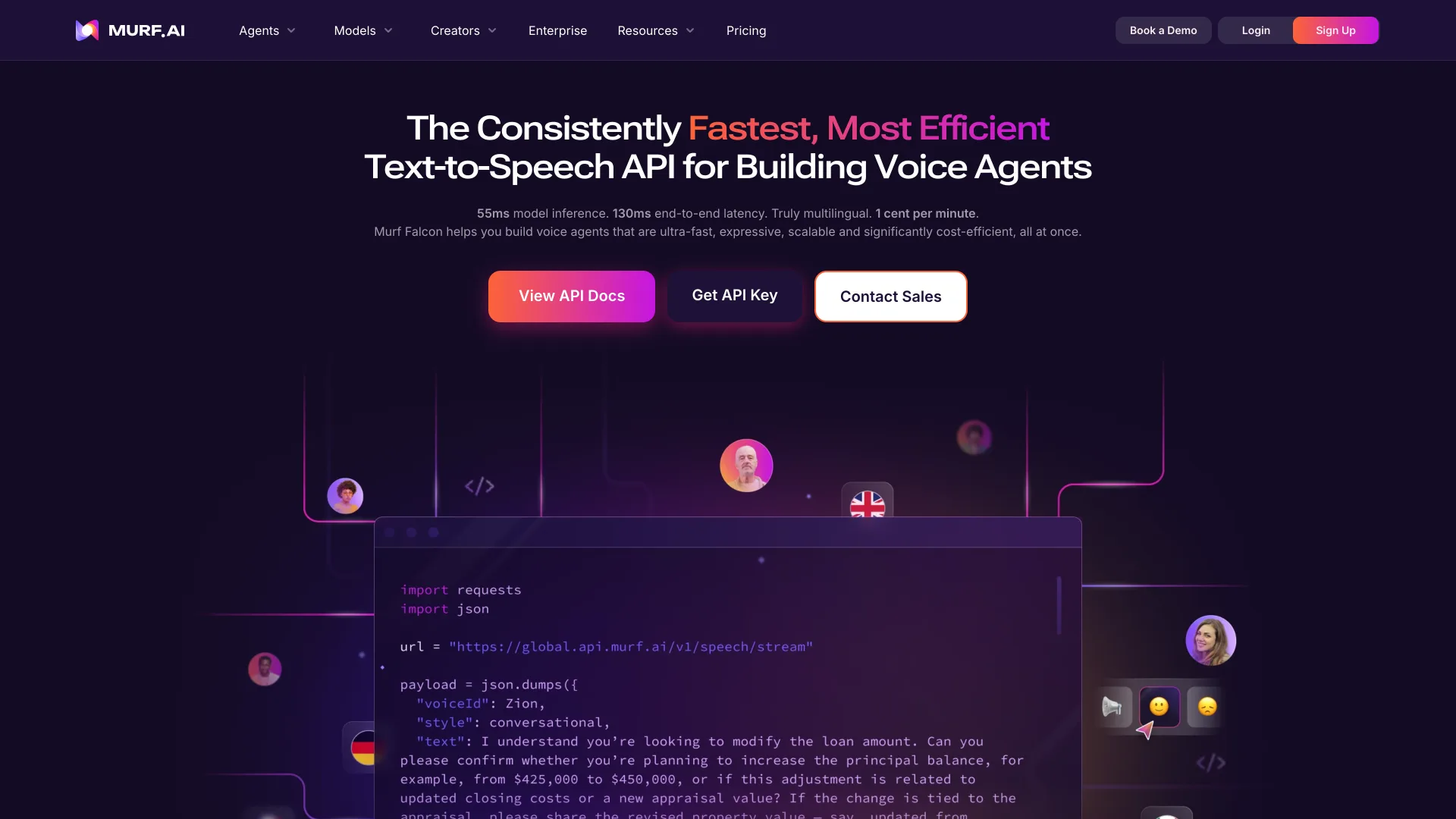 Murf API homepage reading "The Consistently Fastest, Most Efficient Text-to-Speech API for Building Voice Agents" with 55ms model inference and 1 cent per minute
