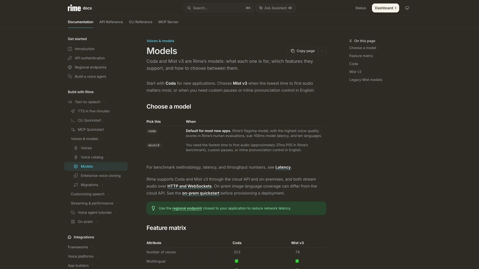 Rime docs "Models" page recommending Coda for most new apps and Mist v3 for the fastest time to first audio, about 37ms P50