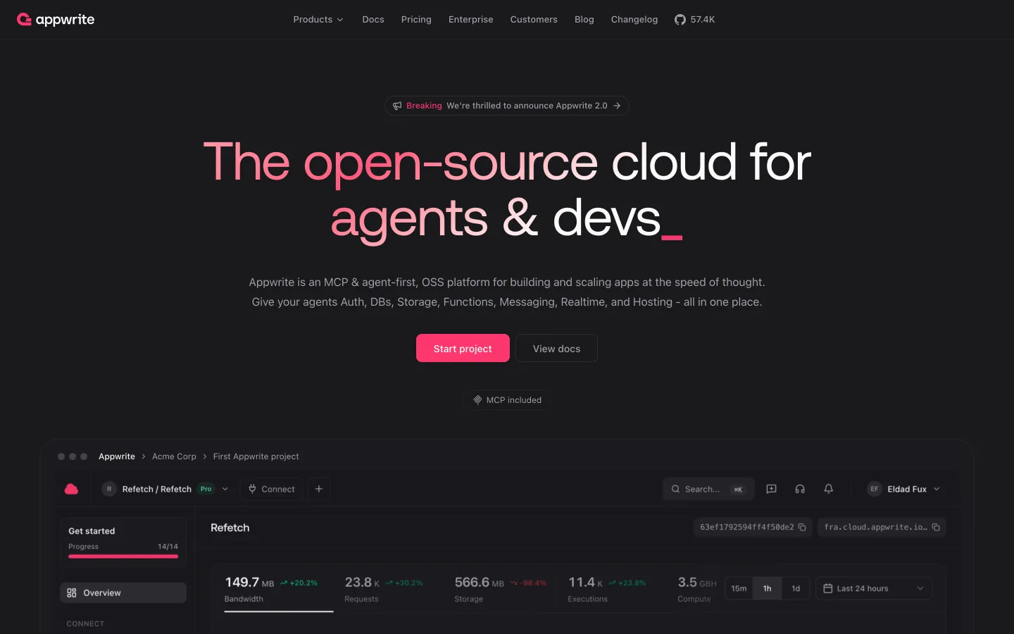 Appwrite homepage headlined "The open-source cloud for agents & devs" with a project dashboard showing bandwidth, requests, storage and executions