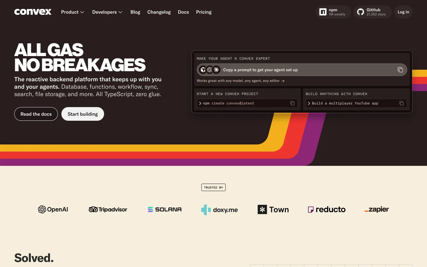 Convex homepage headlined "ALL GAS NO BREAKAGES" describing a reactive backend platform with database, functions, workflow, sync, search and file storage, all TypeScript