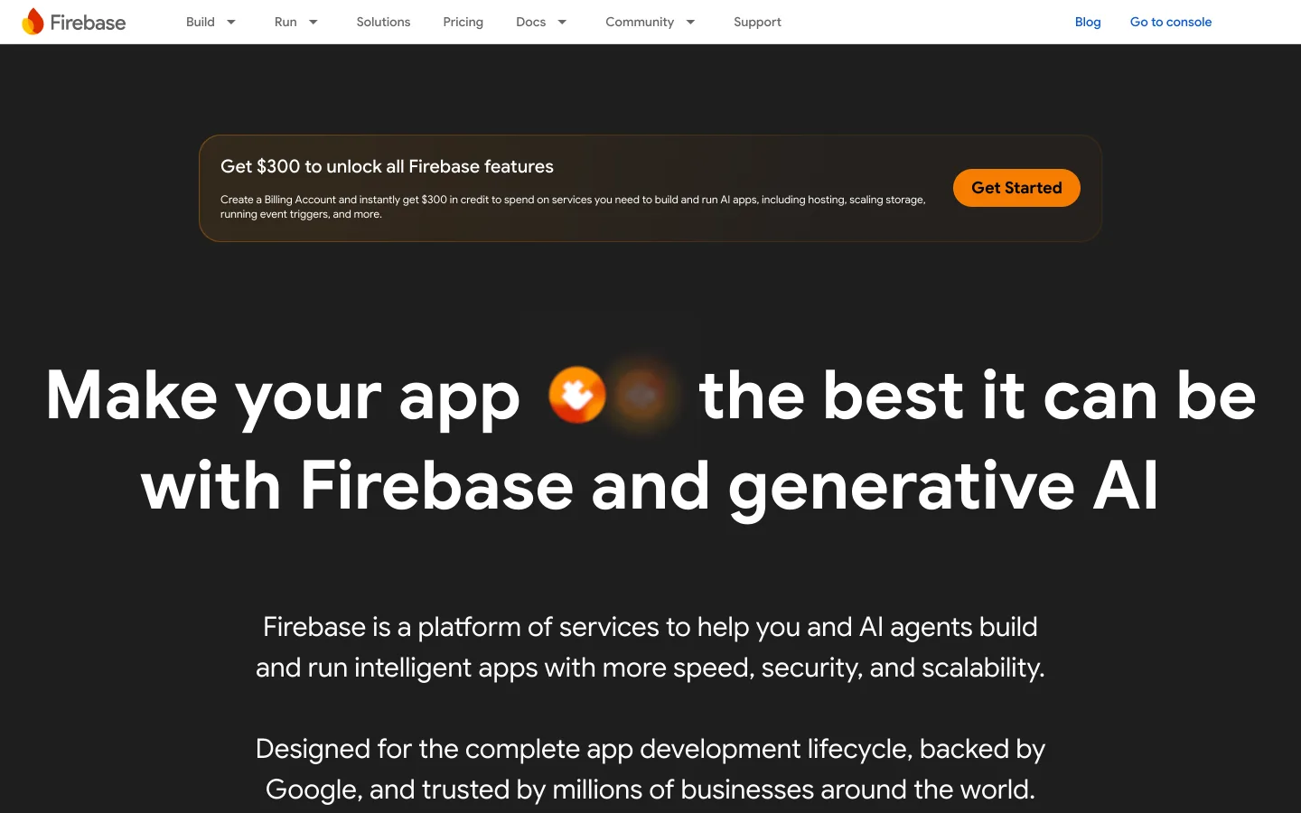 Firebase homepage offering $300 in credit to unlock all Firebase features, headlined "Make your app the best it can be with Firebase and generative AI"