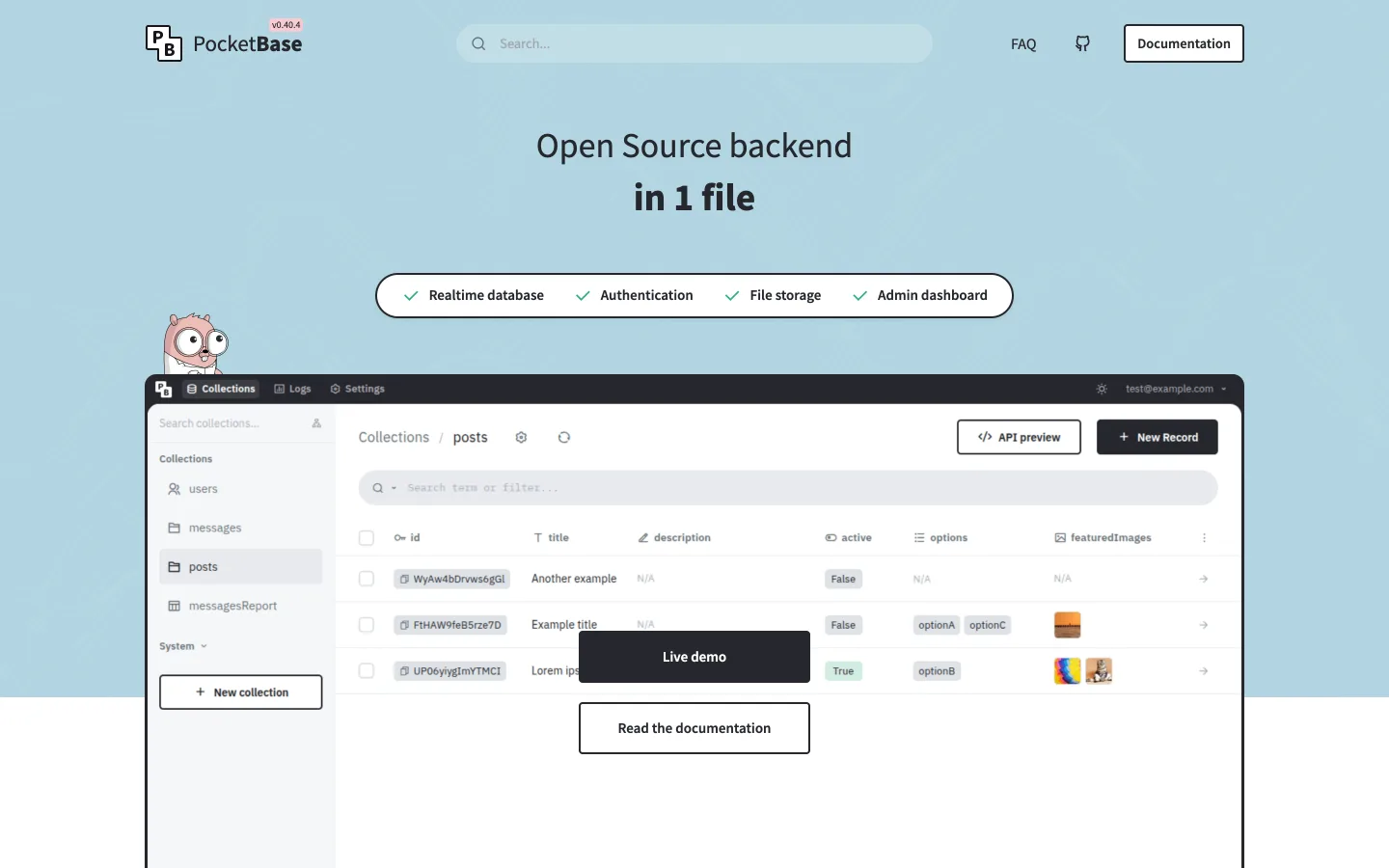 PocketBase homepage headlined "Open Source backend in 1 file" with a realtime database, authentication, file storage and admin dashboard, showing its collections admin UI