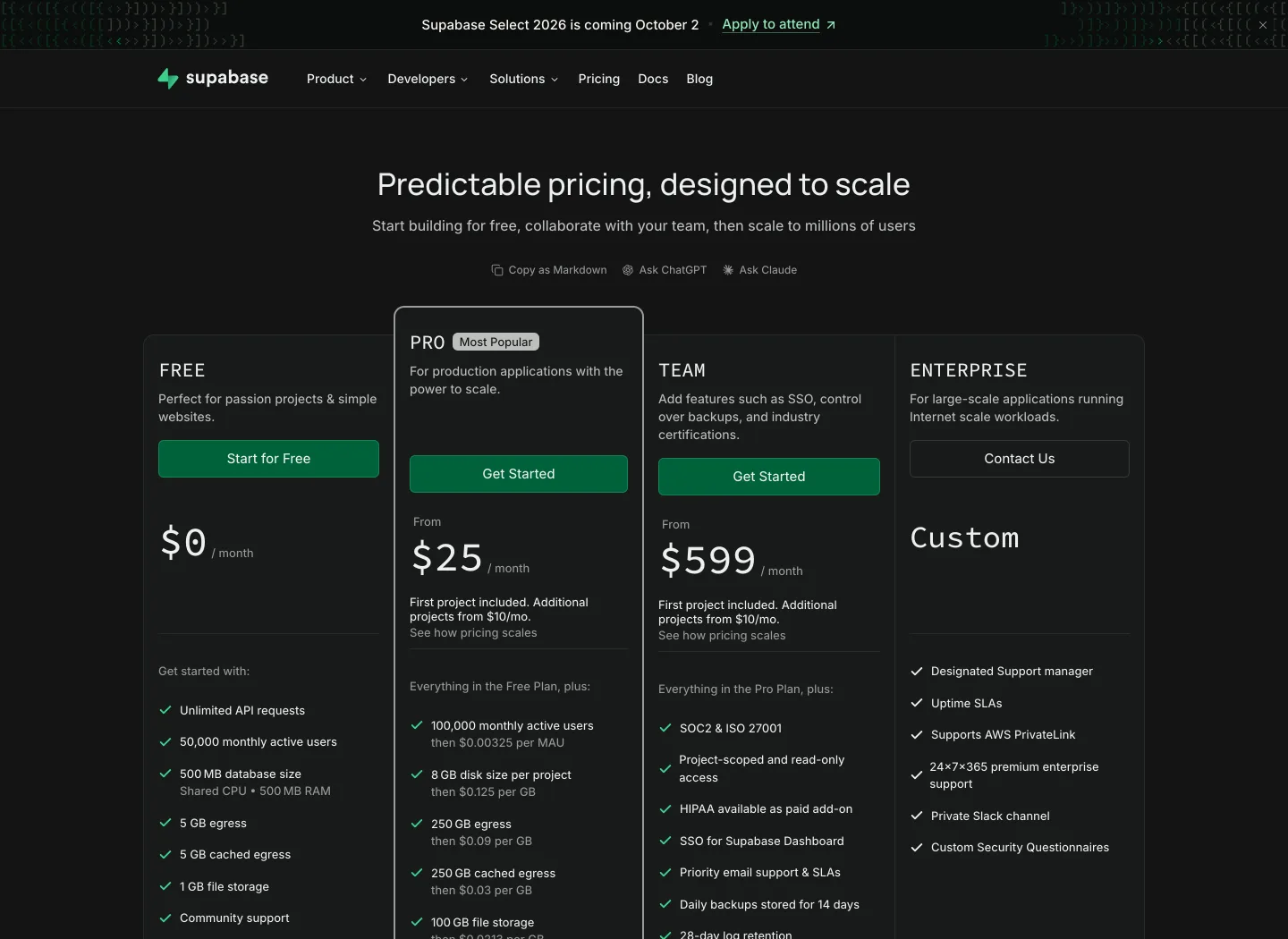 Supabase pricing page headlined "Predictable pricing, designed to scale" showing Free at $0 per month, Pro from $25, Team from $599 and a custom Enterprise tier