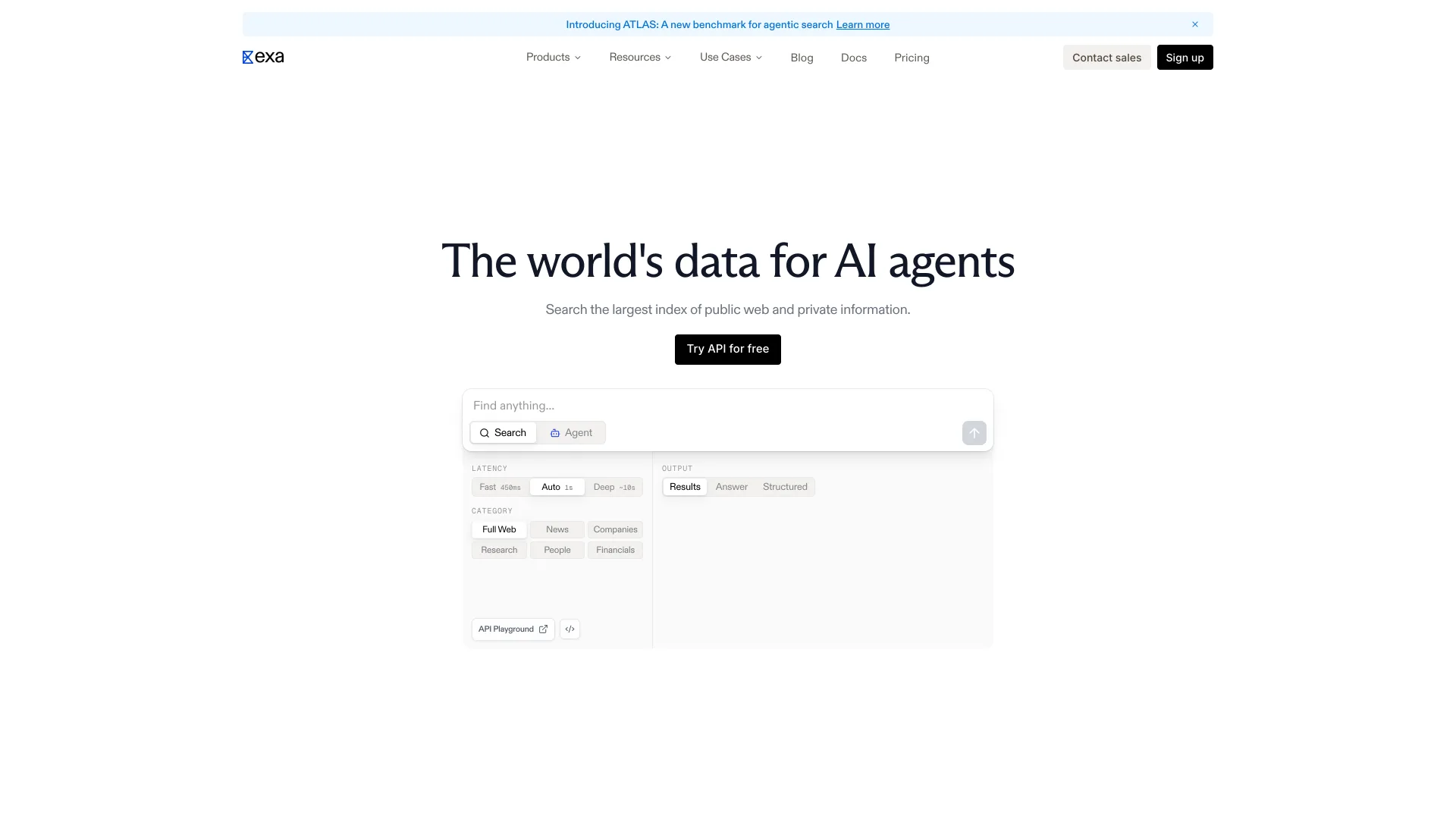 Exa homepage reading "The world's data for AI agents" above a search box with Fast, Auto and Deep latency options