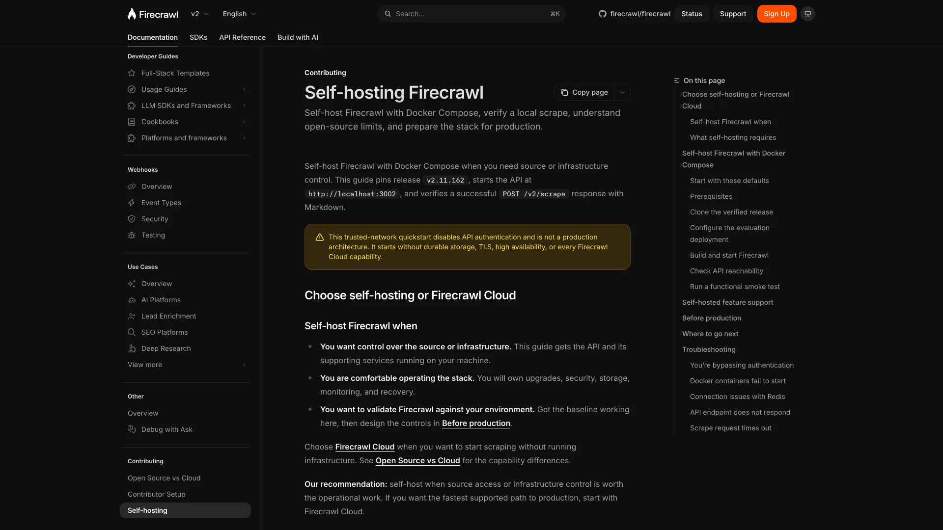 Firecrawl docs page "Self-hosting Firecrawl" pinning v2.11.162 and warning that the quickstart disables API authentication