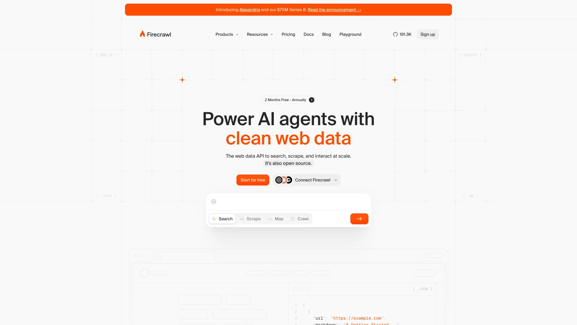 Firecrawl homepage reading "Power AI agents with clean web data" with Search, Scrape, Map and Crawl tabs and a 191.3K GitHub star count