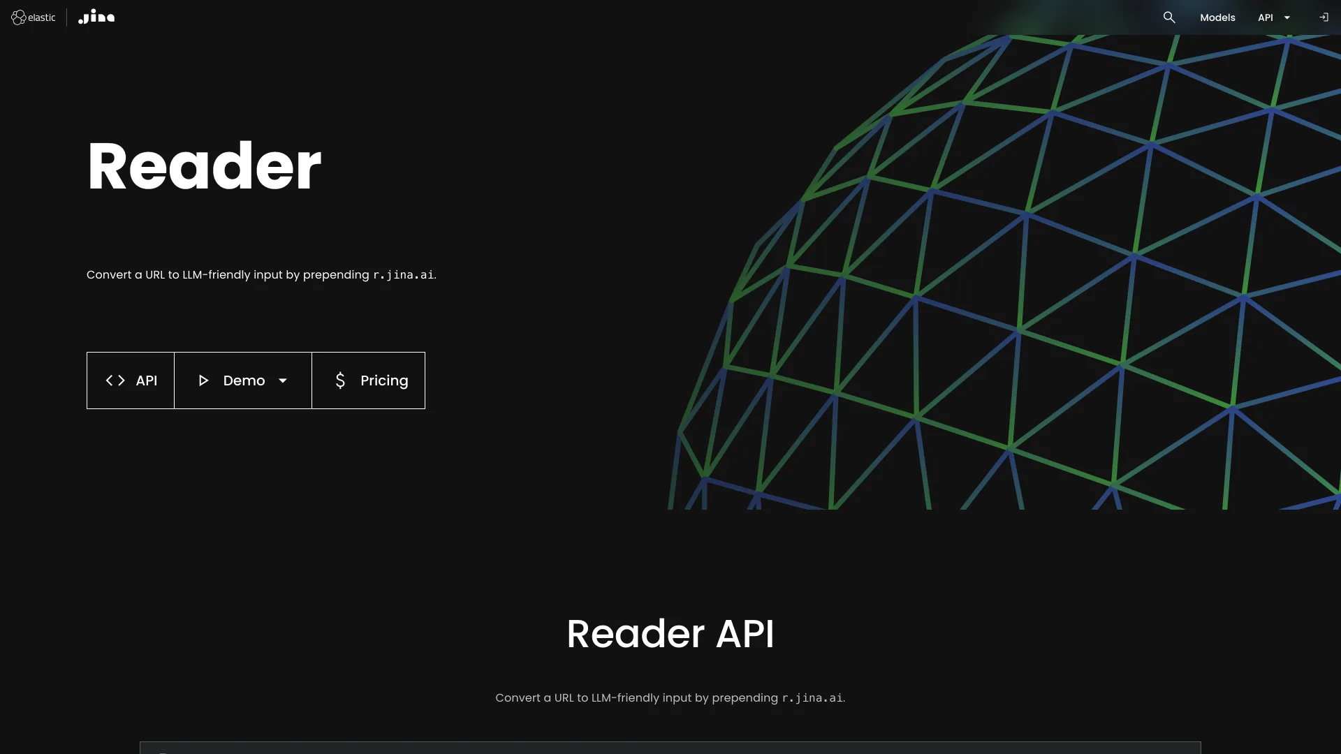 Jina Reader page under the Elastic and Jina logos reading "Convert a URL to LLM-friendly input by prepending r.jina.ai"