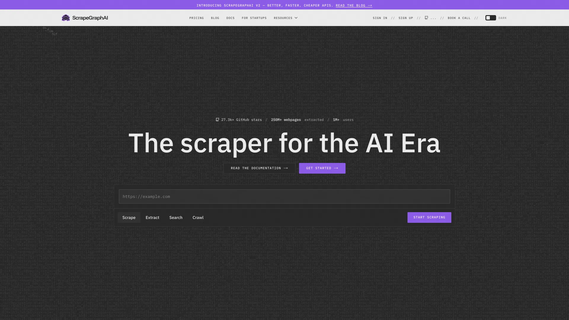 ScrapeGraphAI homepage reading "The scraper for the AI Era" with Scrape, Extract, Search and Crawl tabs