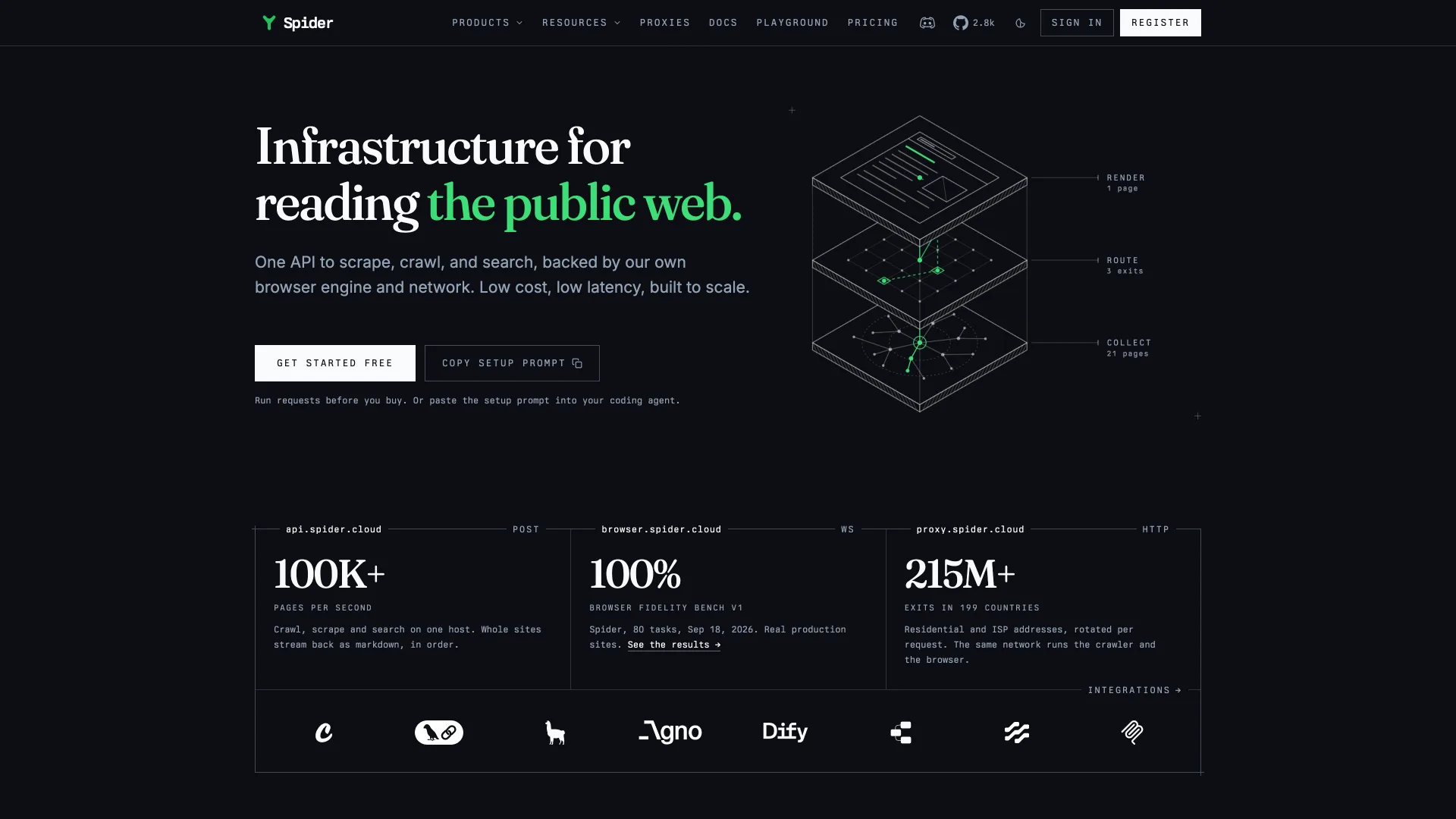Spider homepage reading "Infrastructure for reading the public web" with one API to scrape, crawl and search