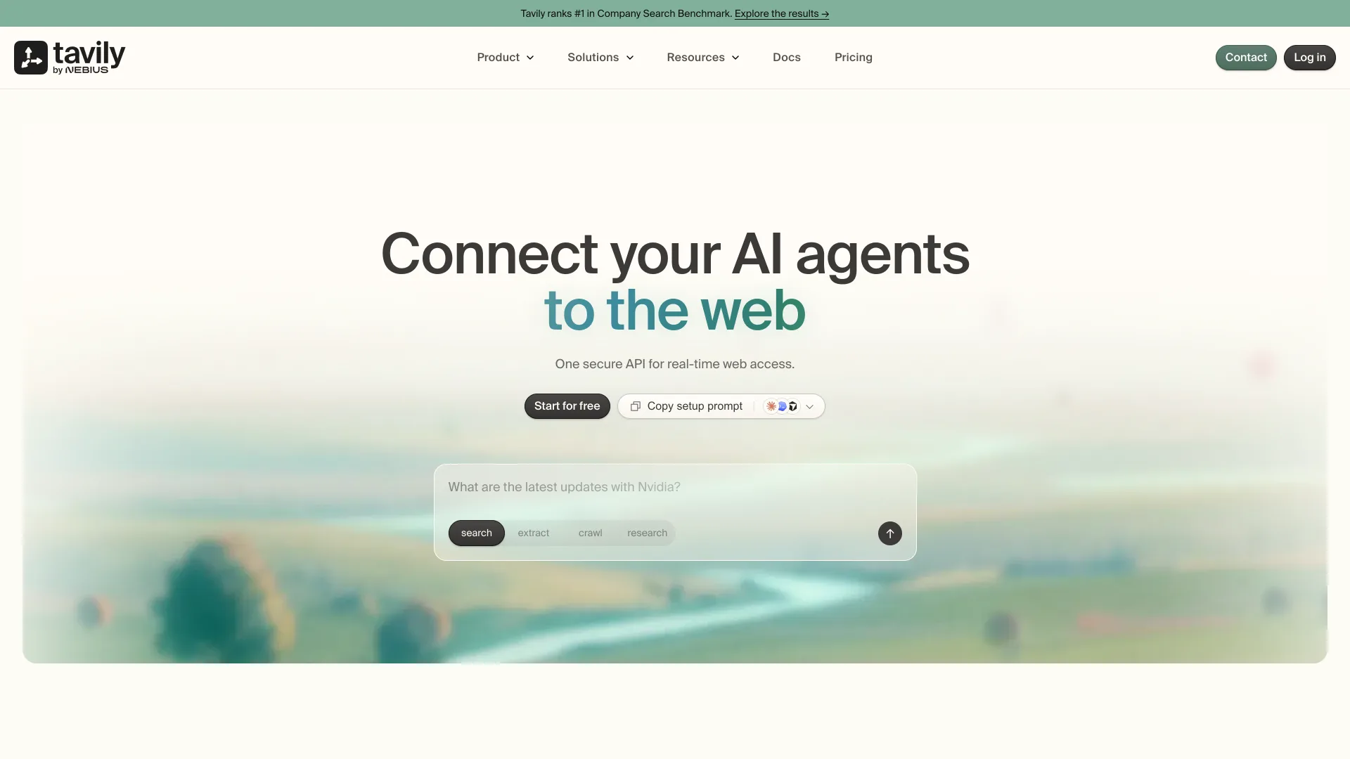 Tavily by Nebius homepage reading "Connect your AI agents to the web" with search, extract, crawl and research tabs