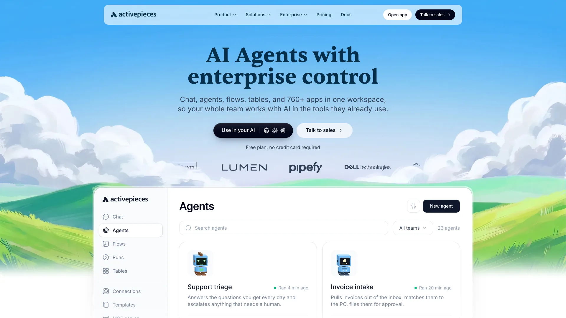 Activepieces homepage reading "AI Agents with enterprise control" above its Agents dashboard