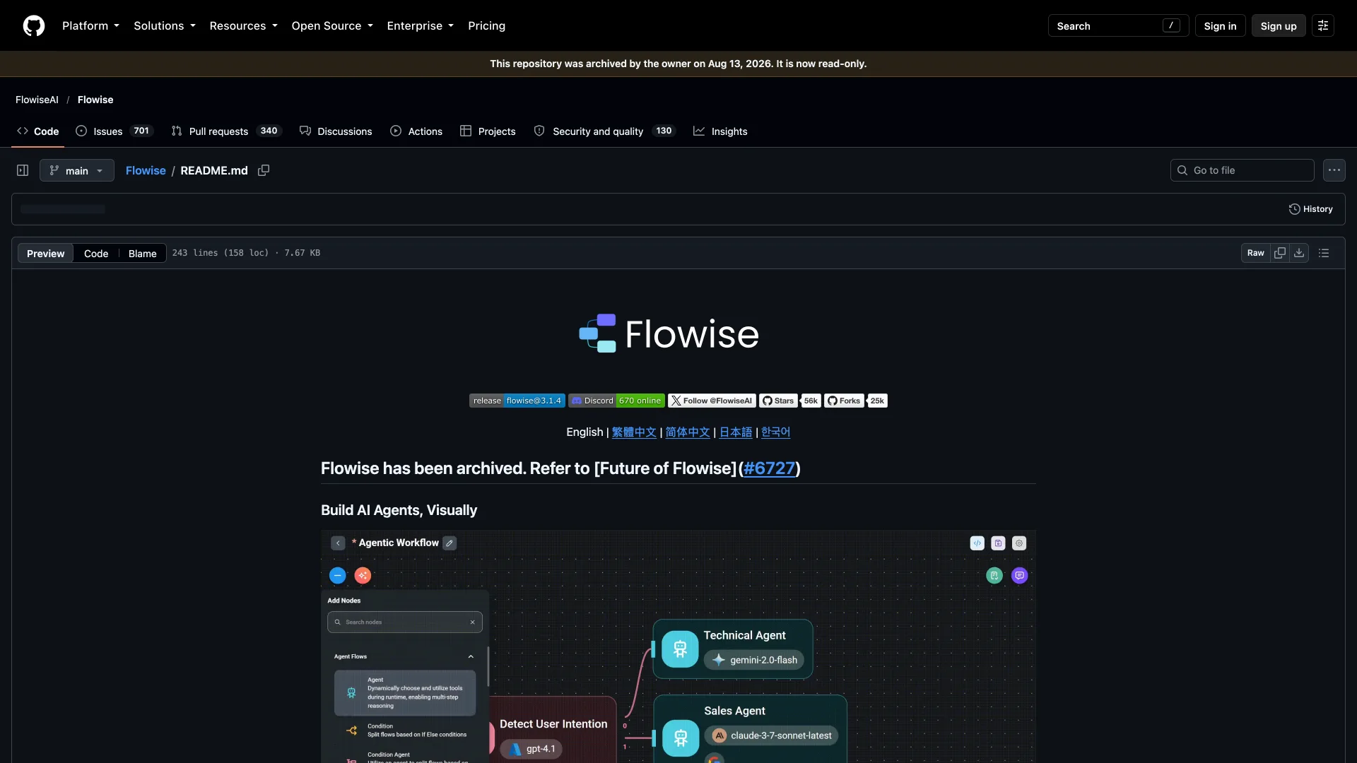 Flowise GitHub repository with the banner "This repository was archived by the owner on Aug 13, 2026" above a README that says Flowise has been archived