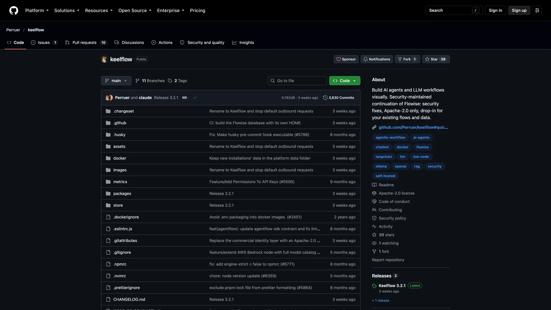 Keelflow GitHub repository page describing a security-maintained continuation of Flowise under Apache-2.0