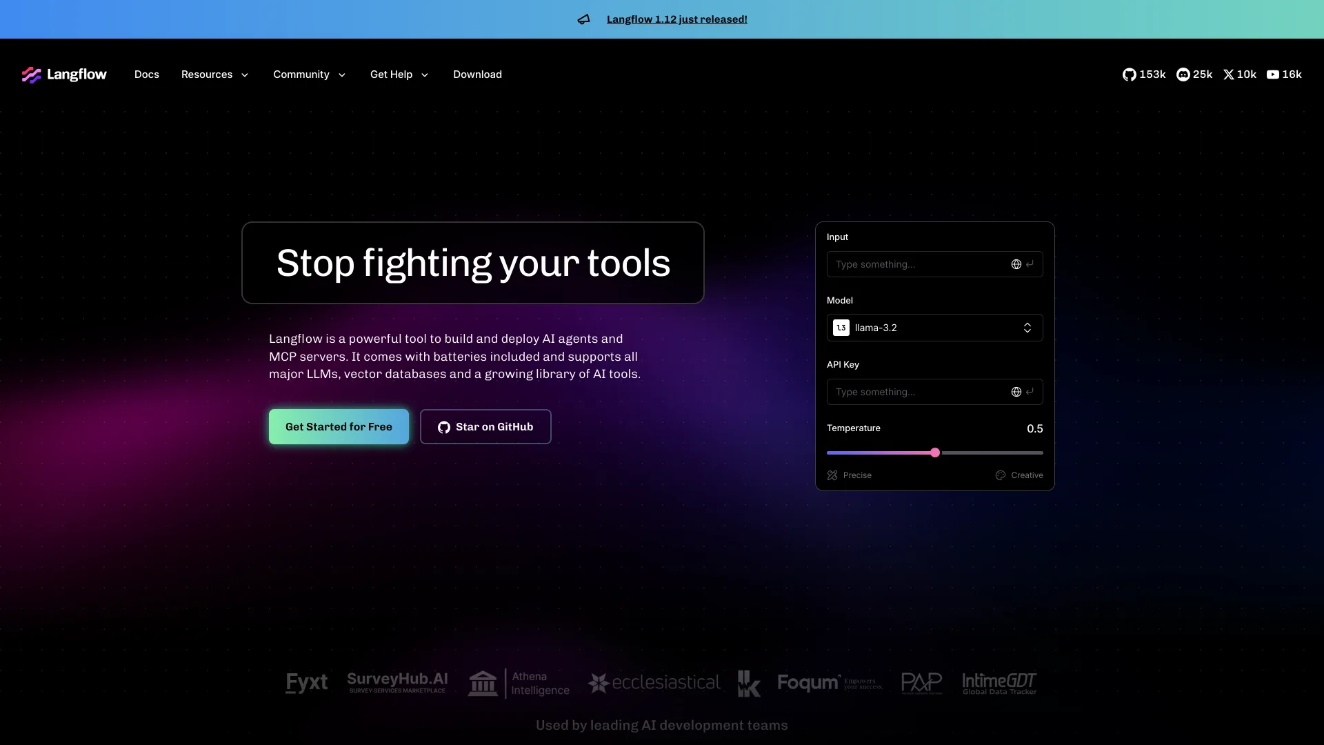 Langflow homepage reading "Stop fighting your tools" with a banner announcing Langflow 1.12