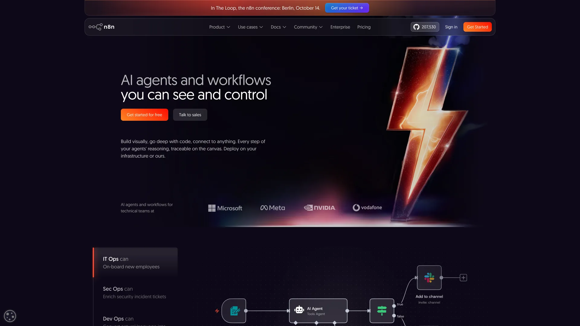 n8n homepage reading "AI agents and workflows you can see and control" above an AI agent workflow canvas