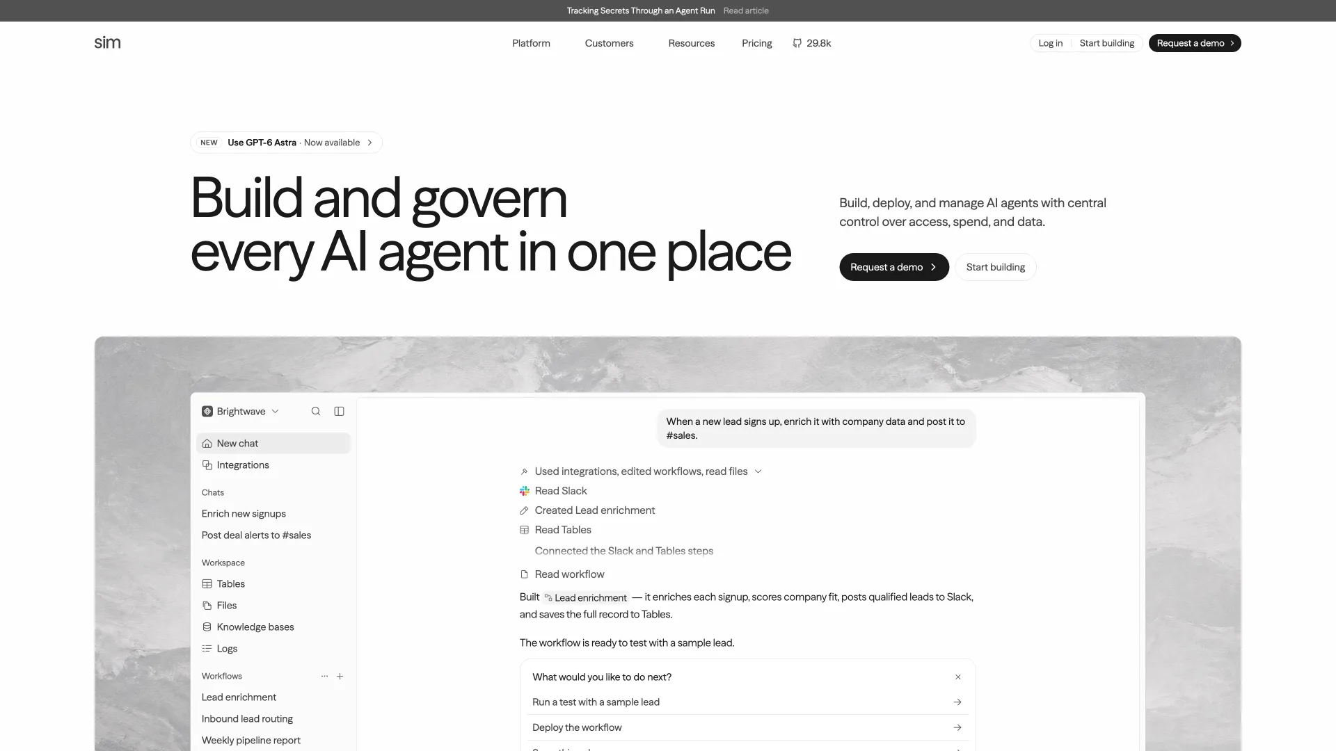 Sim homepage reading "Build and govern every AI agent in one place" above a workflow-building chat