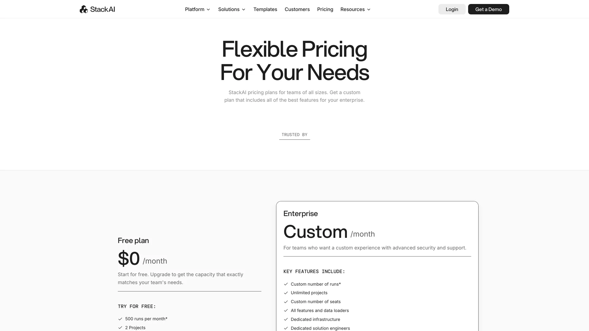 StackAI pricing page showing a Free plan at $0 a month and a custom-priced Enterprise plan