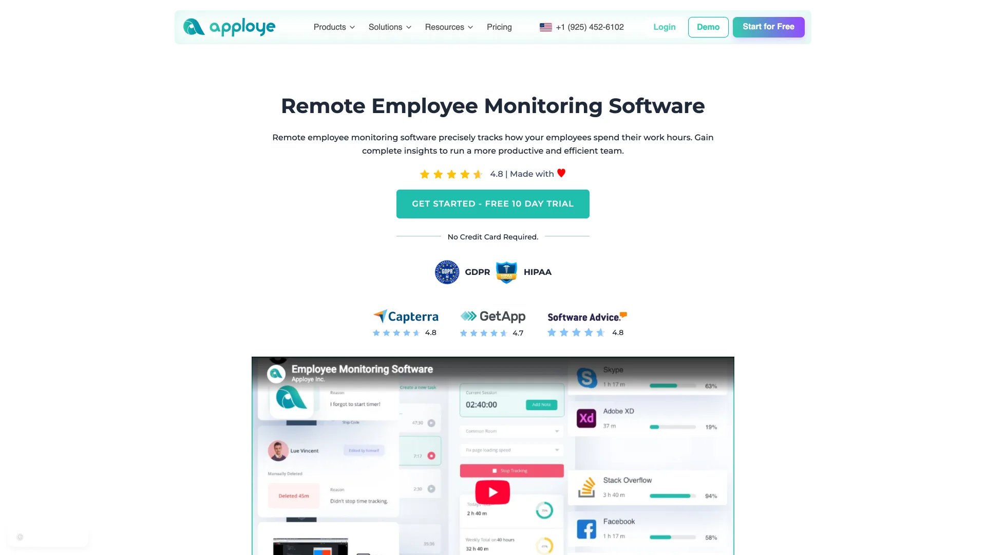 The Apploye remote employee monitoring page with a free 10-day trial button, a no credit card note, GDPR and HIPAA badges, and Capterra, GetApp and Software Advice ratings