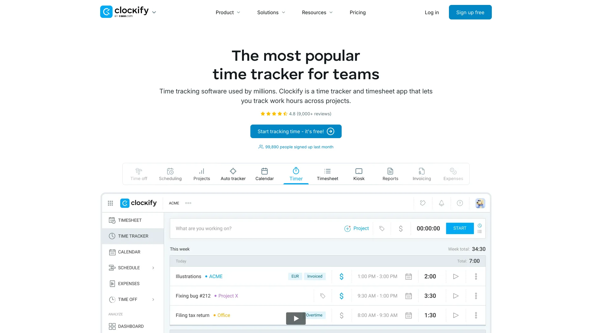 The Clockify home page headlined The most popular time tracker for teams, above a timesheet view with a timer and tracked entries