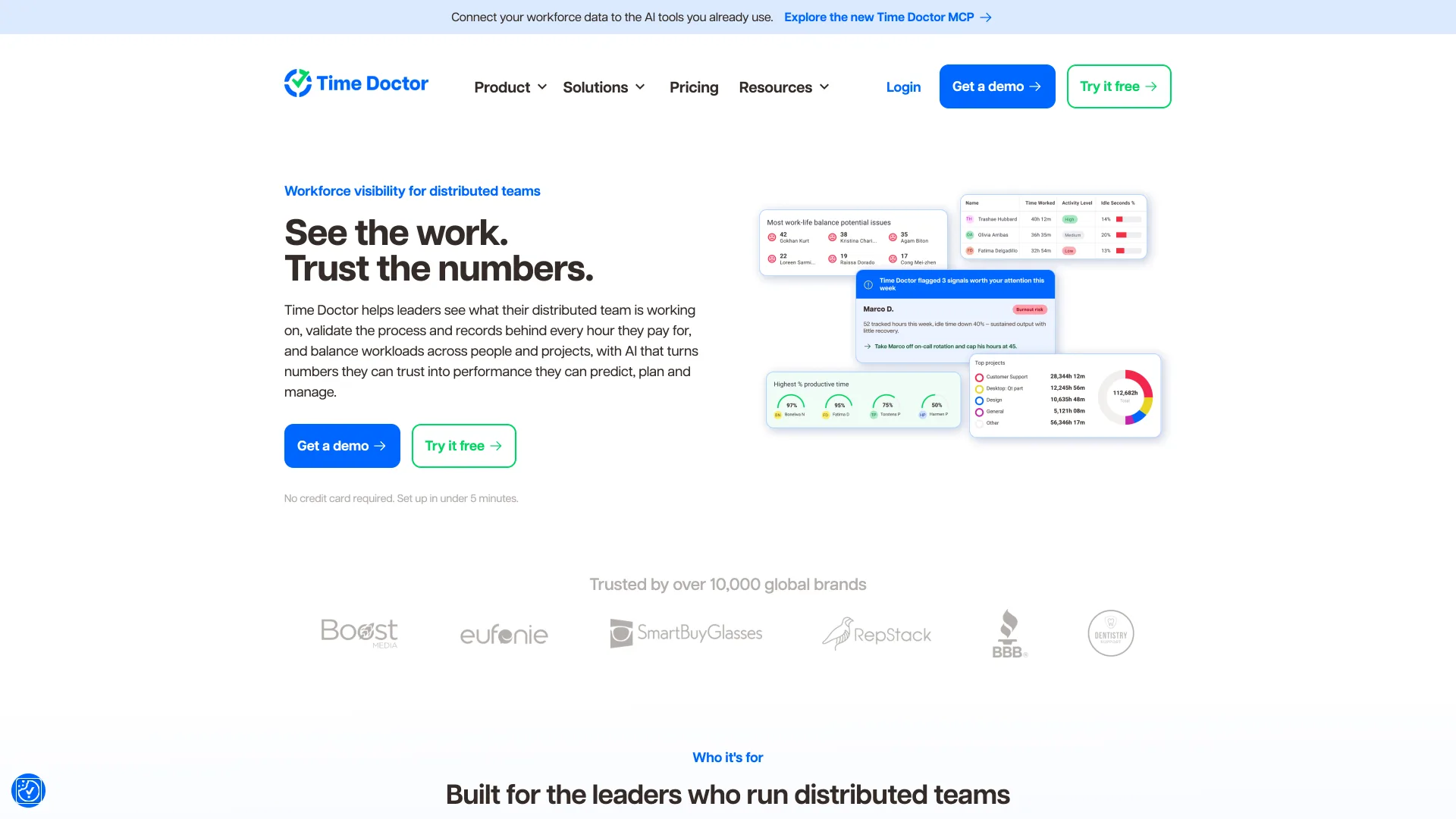 The Time Doctor home page headlined See the work. Trust the numbers., with Get a demo and Try it free buttons beside a workforce analytics dashboard