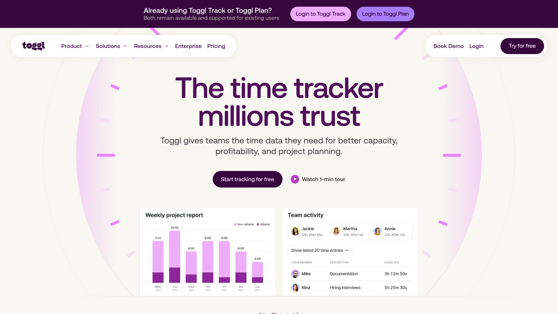The Toggl home page headlined The time tracker millions trust, with a weekly project report chart and a team activity list