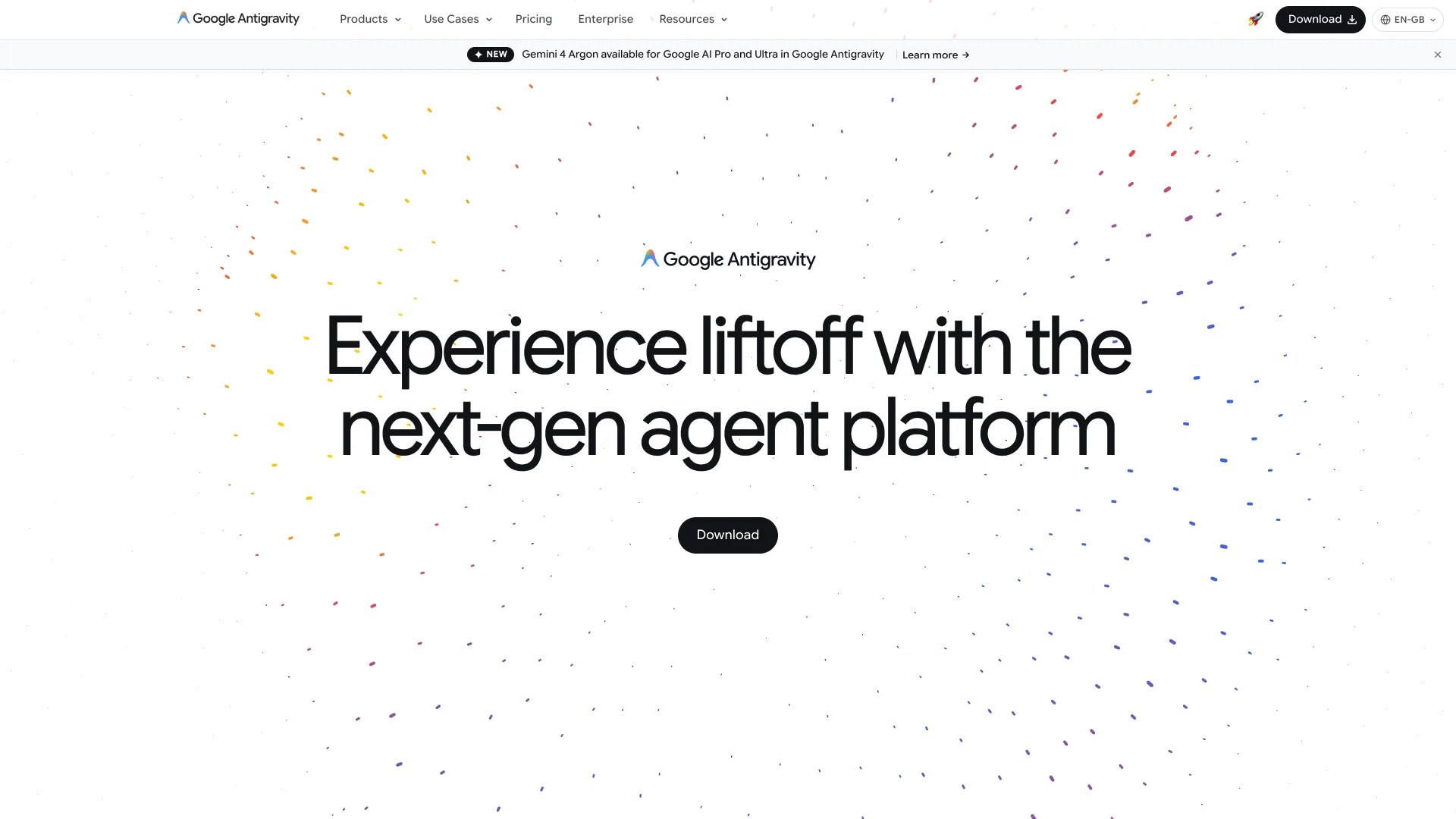 Google Antigravity homepage headlined "Experience liftoff with the next-gen agent platform" with a banner announcing Gemini 4 Argon for Google AI Pro and Ultra
