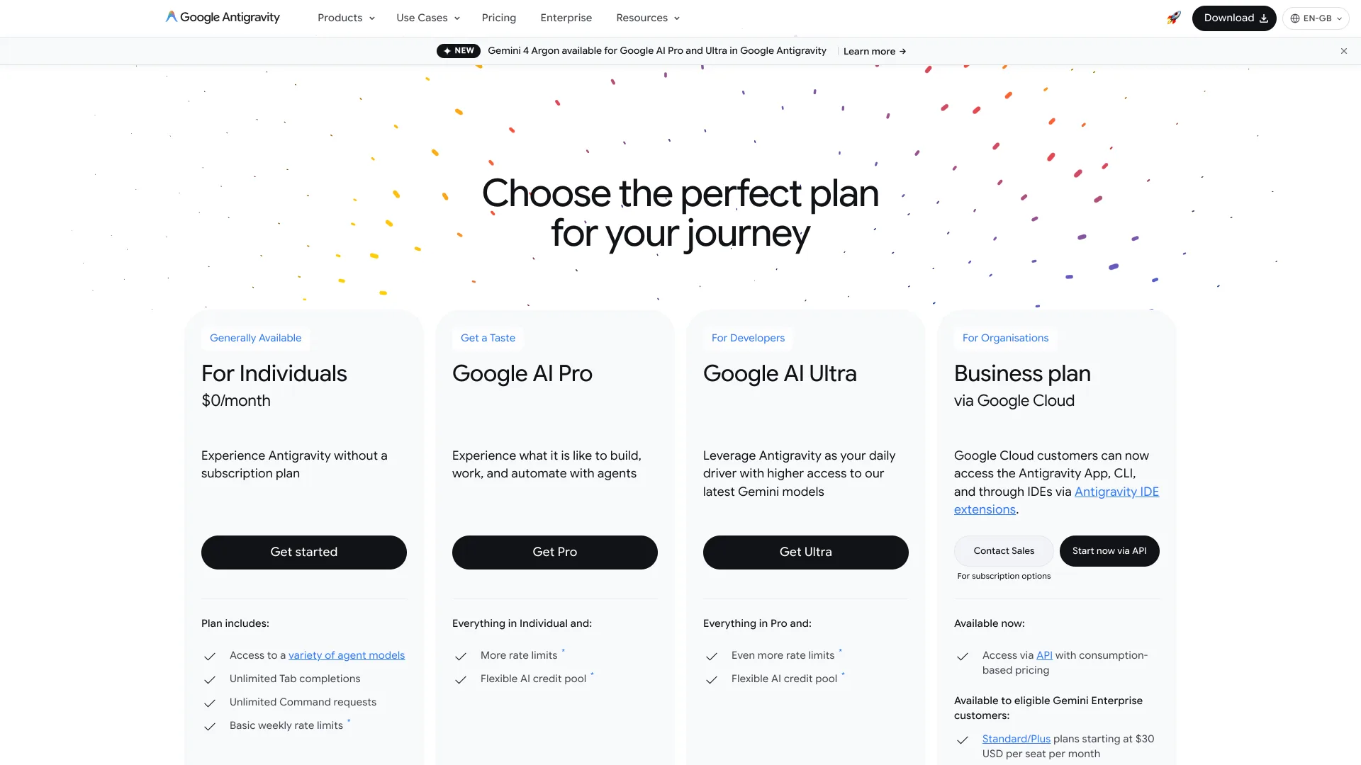 Antigravity pricing page with For Individuals at $0 a month, Google AI Pro, Google AI Ultra and a Business plan via Google Cloud starting at $30 per seat