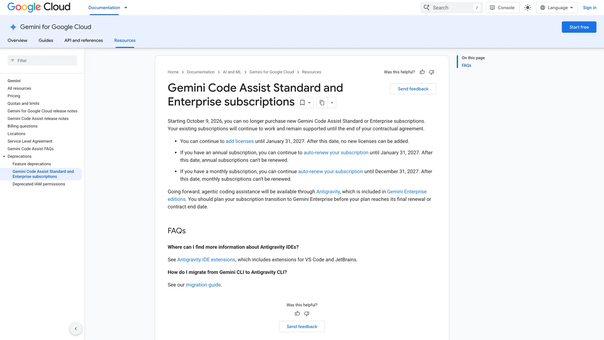 Google Cloud documentation page "Gemini Code Assist Standard and Enterprise subscriptions" listing the October 9, 2026 end of sale and the 2027 renewal deadlines