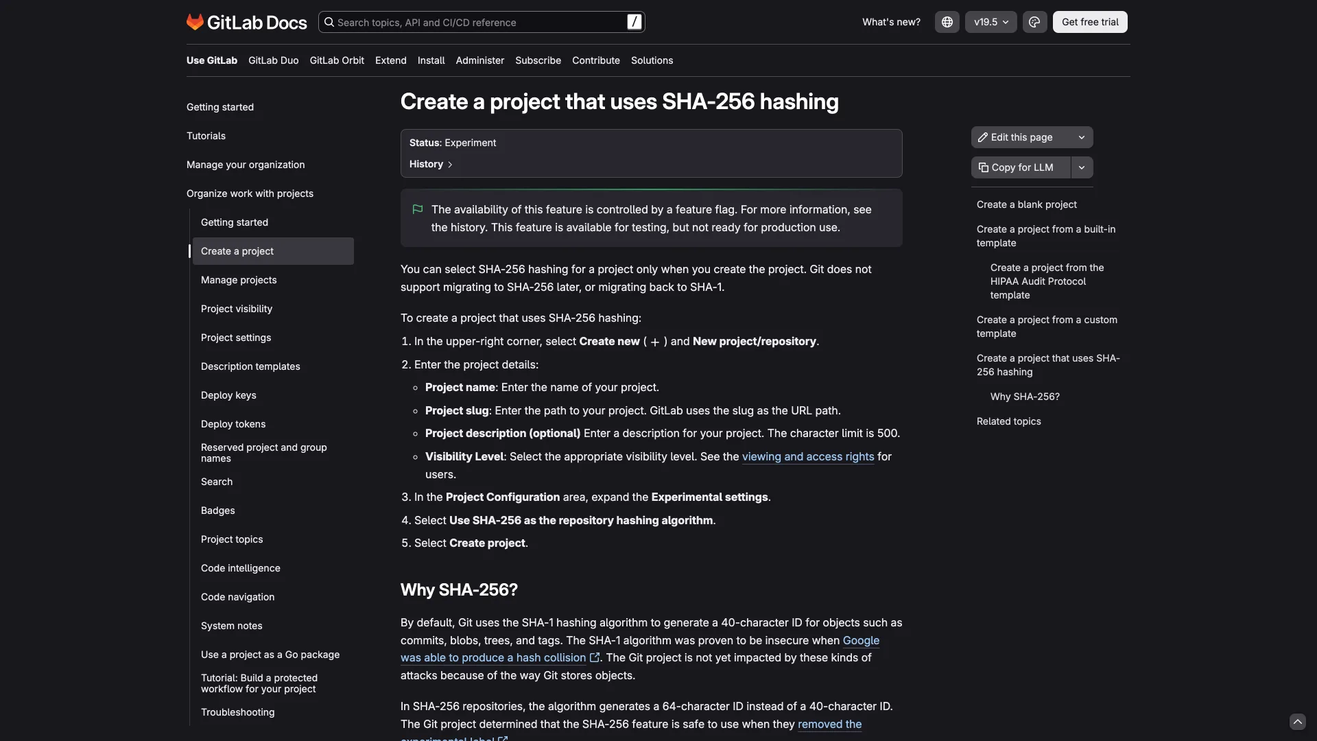The GitLab Docs section "Create a project that uses SHA-256 hashing", marked Status: Experiment with a feature-flag notice that it is not ready for production use, above steps ending in "Use SHA-256 as the repository hashing algorithm".