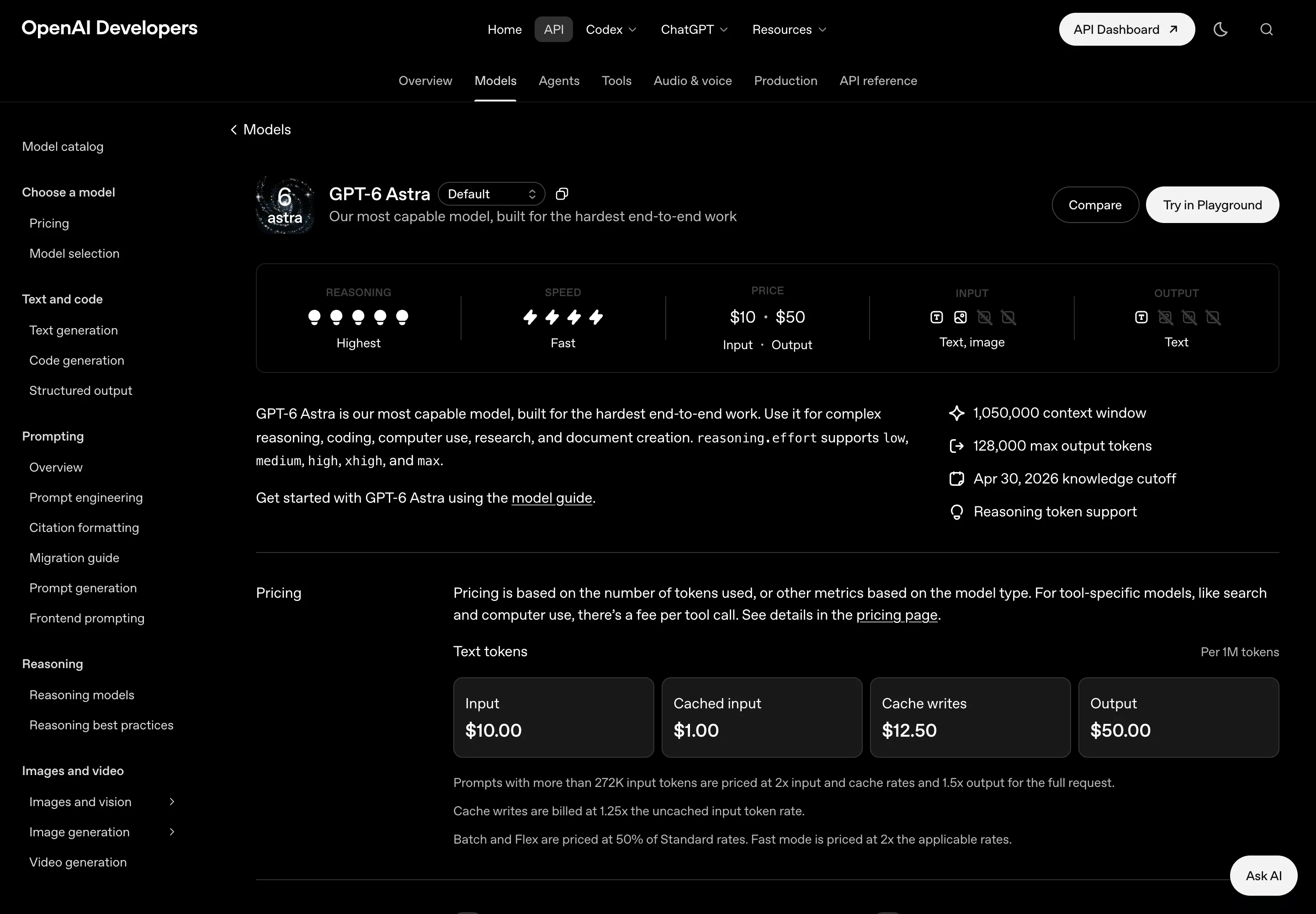 OpenAI's own model page for GPT-6 Astra, showing Highest reasoning, Fast speed, $10 input and $50 output pricing, text and image input, a 1,050,000 token context window, 128,000 max output tokens, and an April 30, 2026 knowledge cutoff
