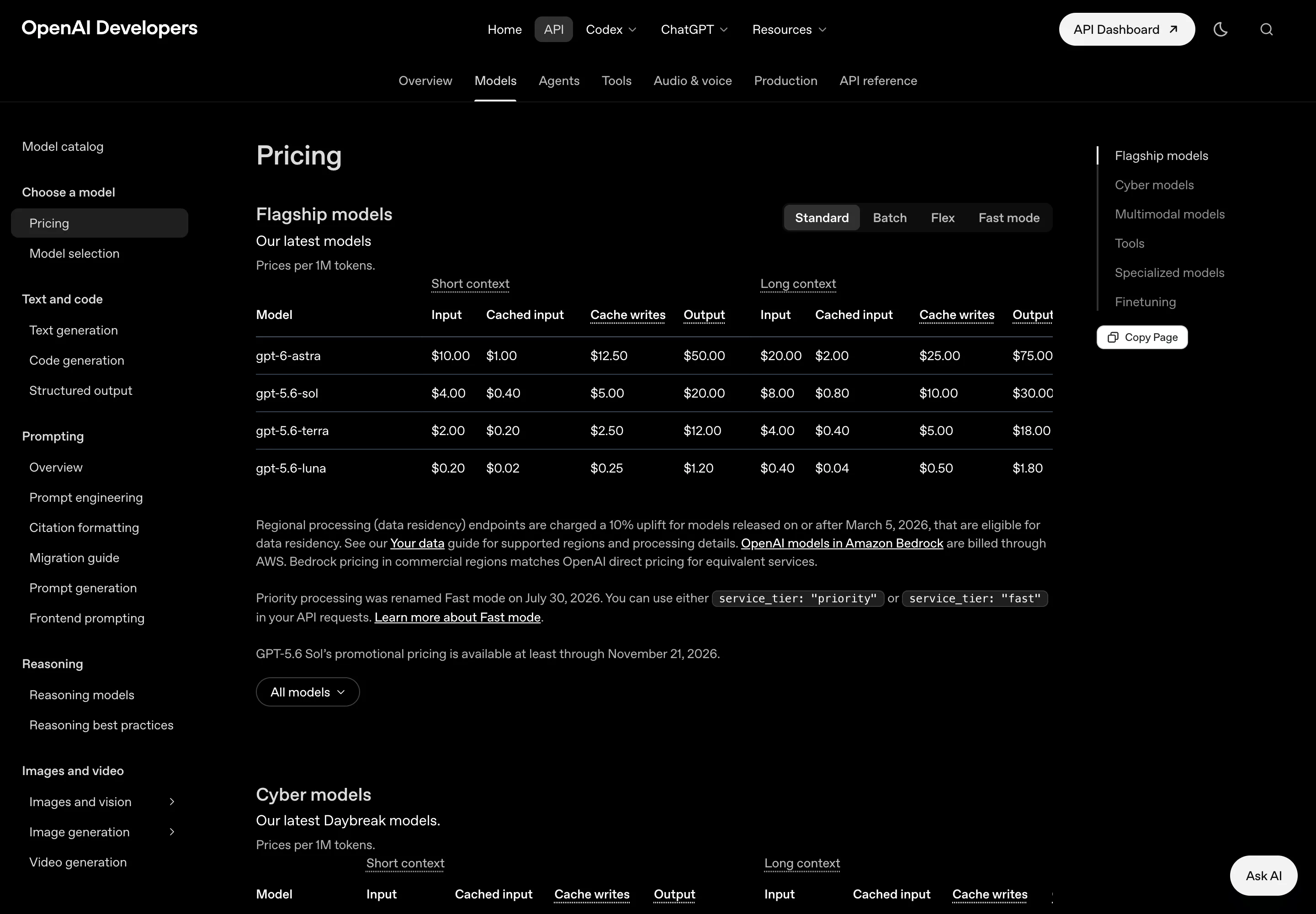 OpenAI's pricing table for its flagship models, listing gpt-6-astra at $10.00 input, $1.00 cached input, $12.50 cache writes and $50.00 output per million tokens in the short-context column, versus gpt-5.6-sol at $4.00 input and $20.00 output