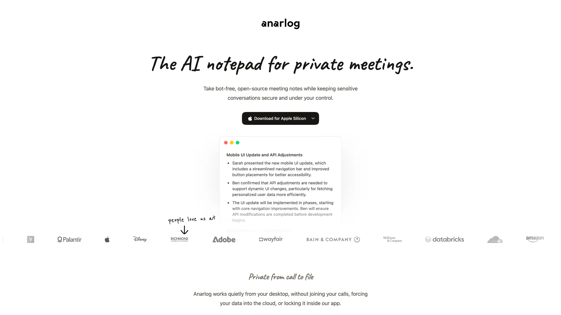 Anarlog homepage headlined "The AI notepad for private meetings." with a Download for Apple Silicon button