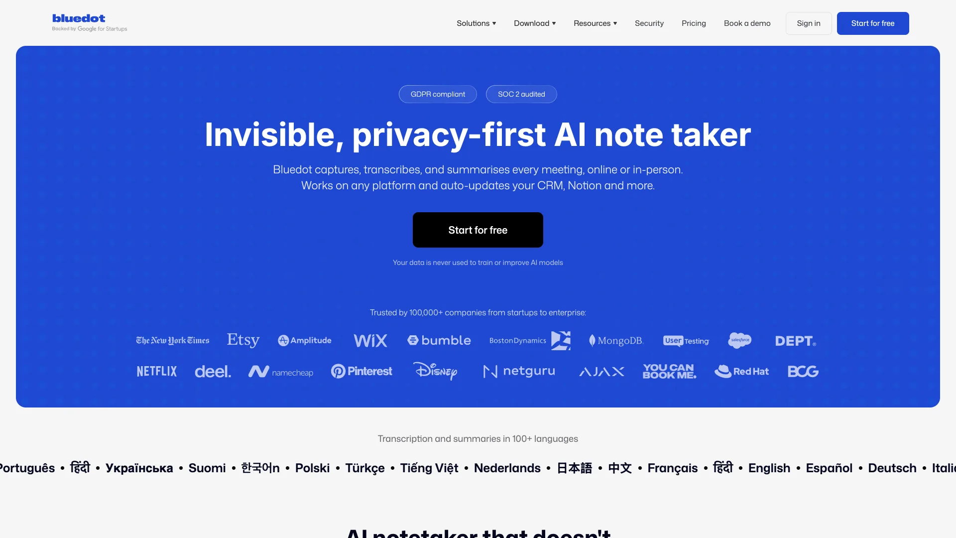 Bluedot homepage headlined "Invisible, privacy-first AI note taker" with a SOC 2 audited badge