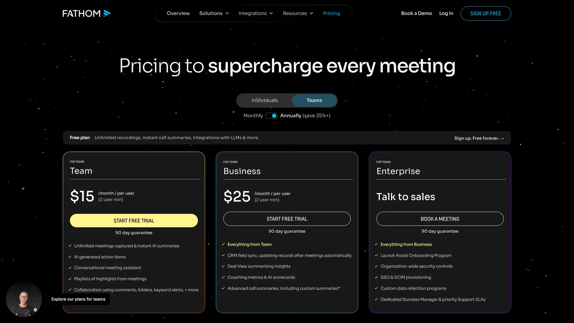 Fathom team pricing page with Team at $15 and Business at $25 per user per month on annual billing