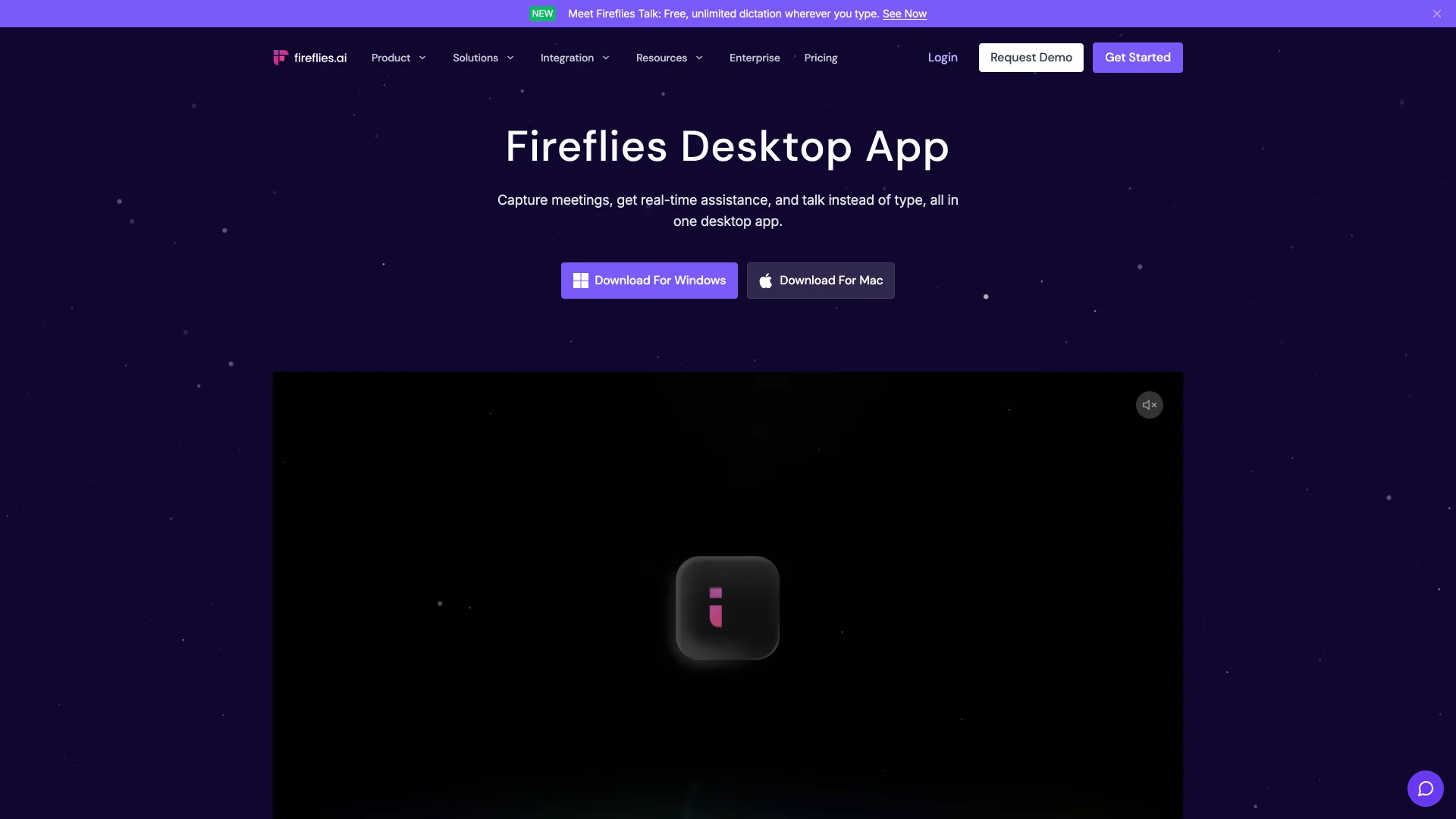 Fireflies Desktop App page with Download For Windows and Download For Mac buttons