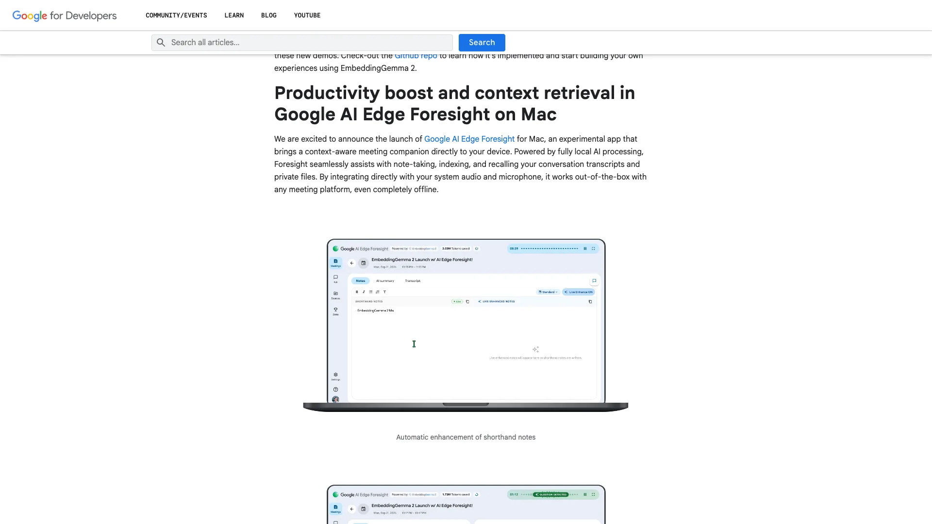 Google Developers Blog section announcing Google AI Edge Foresight for Mac